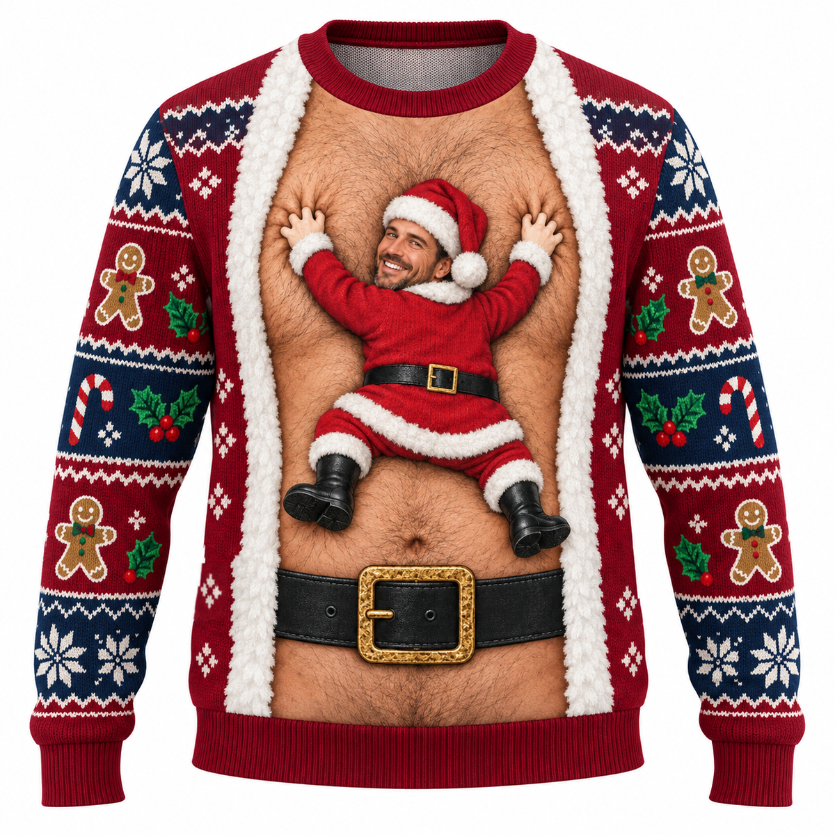 Funny Christmas Sweatshirt Hairy Chest Santa Faux Cardigan Crewneck