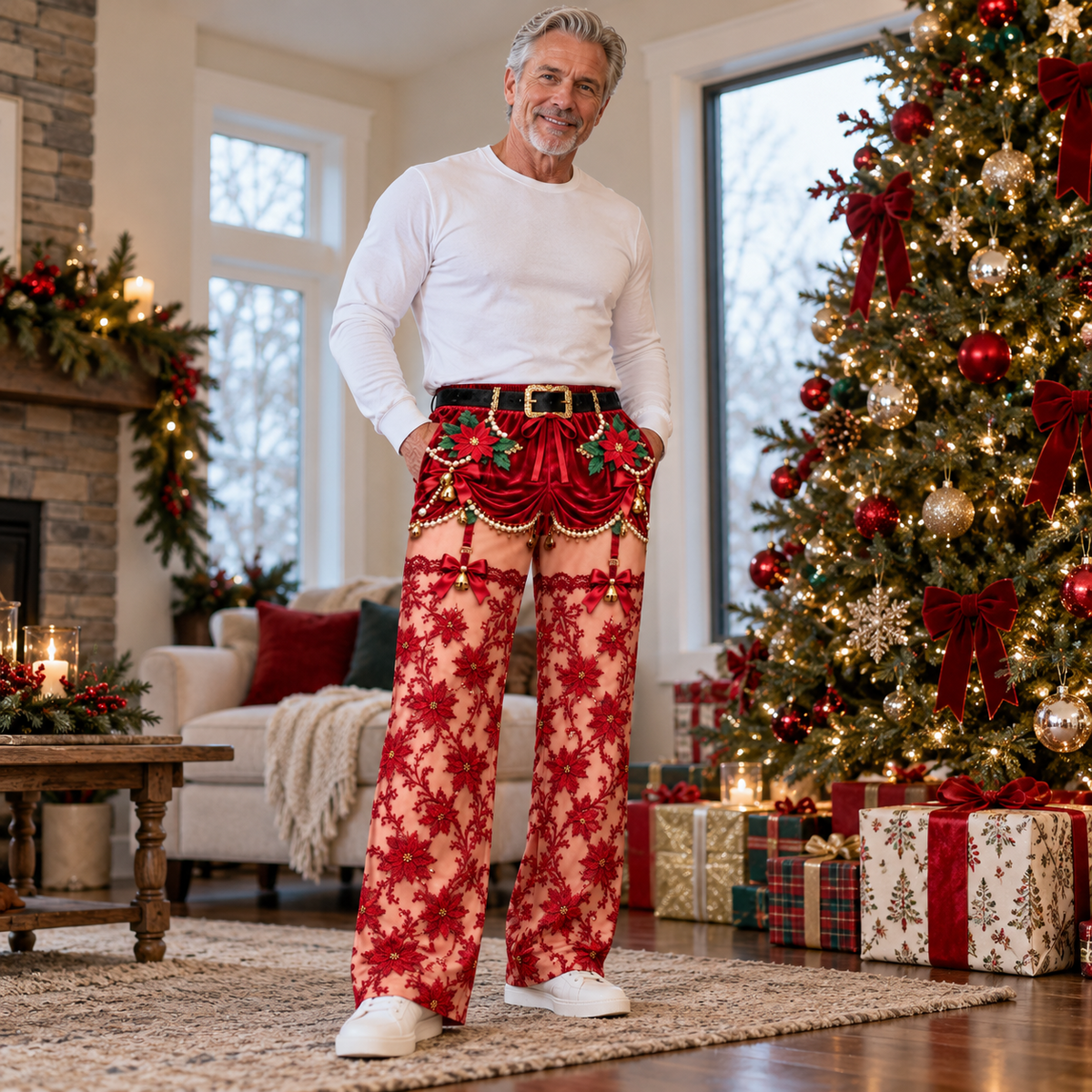 Christmas Pajama Pants Novelty Stocking Print Holiday Lounge Trousers