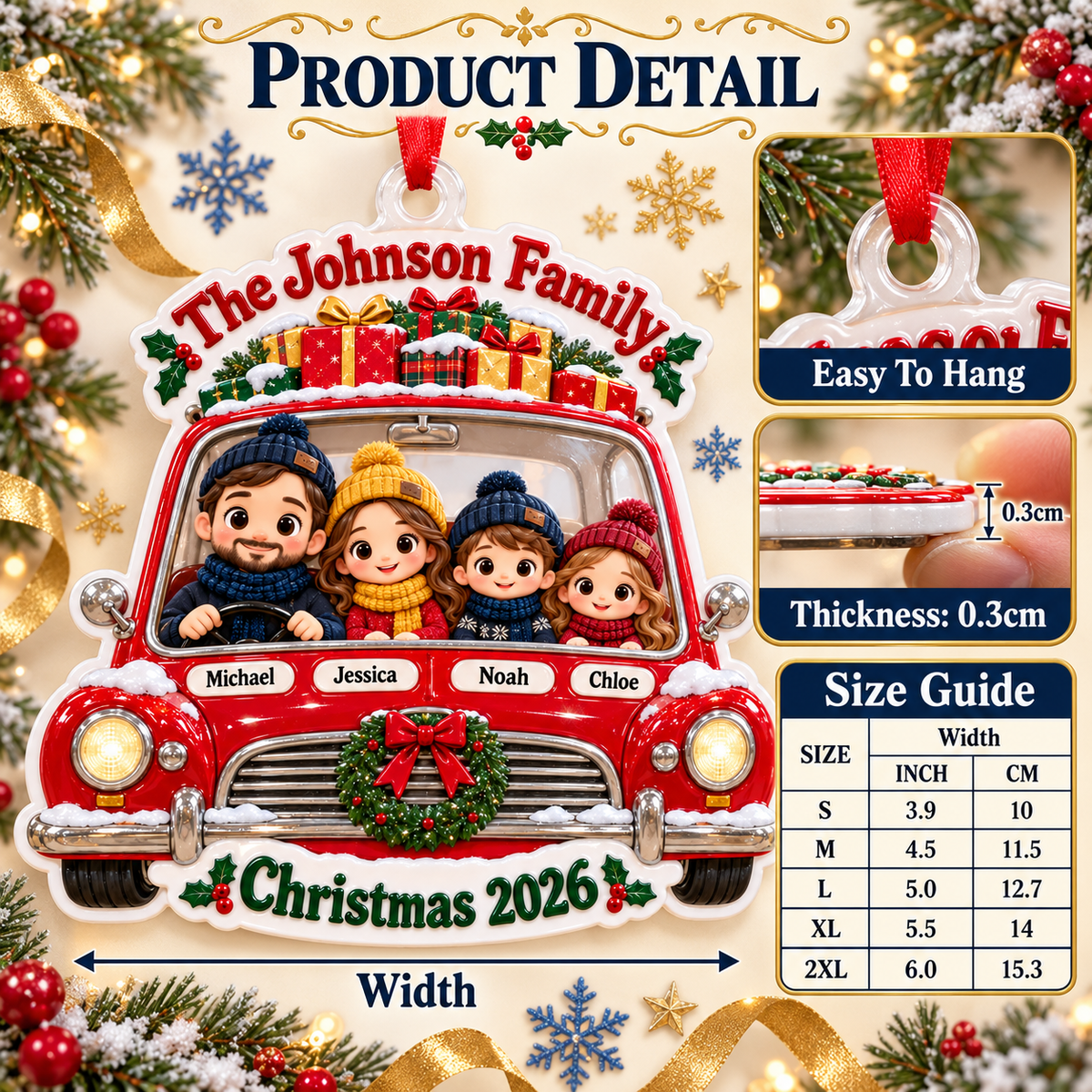 Family of Four in Red Vintage Car Christmas Holiday Keepsake - 3D Relief Ornament
