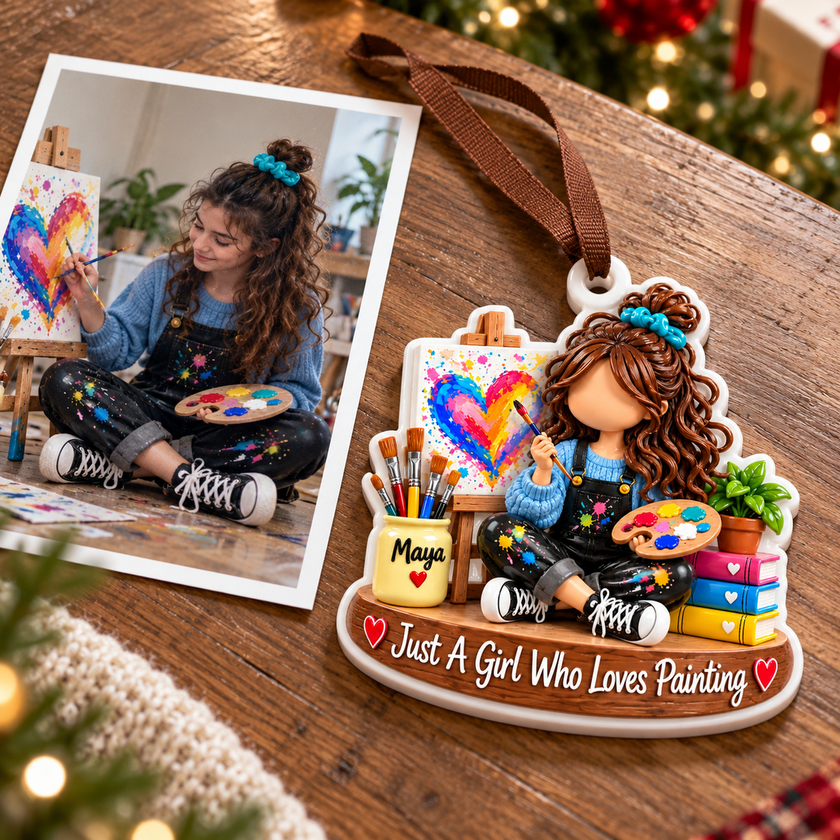 Girl Artist with Easel and Paint Palette Acrylic Hanging Keepsake - 3D Relief Ornament