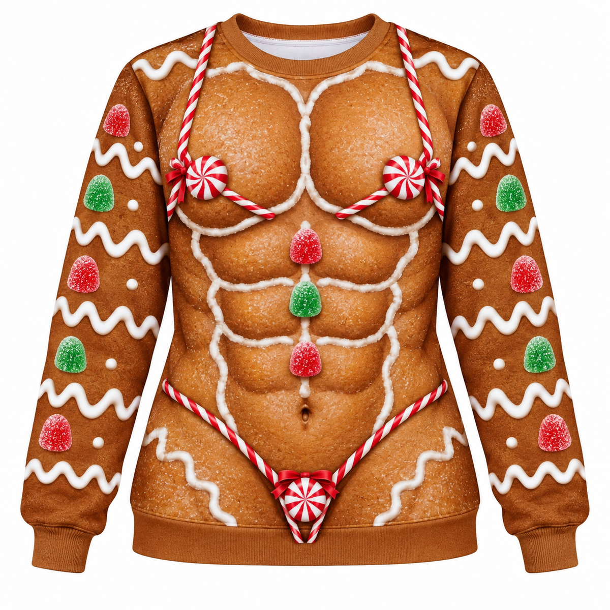 Funny Ugly Christmas Sweatshirt Faux Body Bikini Muscle Print Crewneck