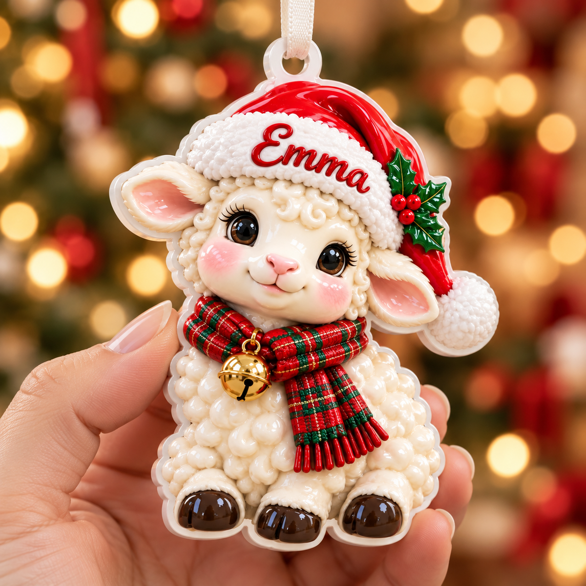 Christmas Lamb in Santa Hat Acrylic Holiday Hanging Decor - 3D Relief Ornament