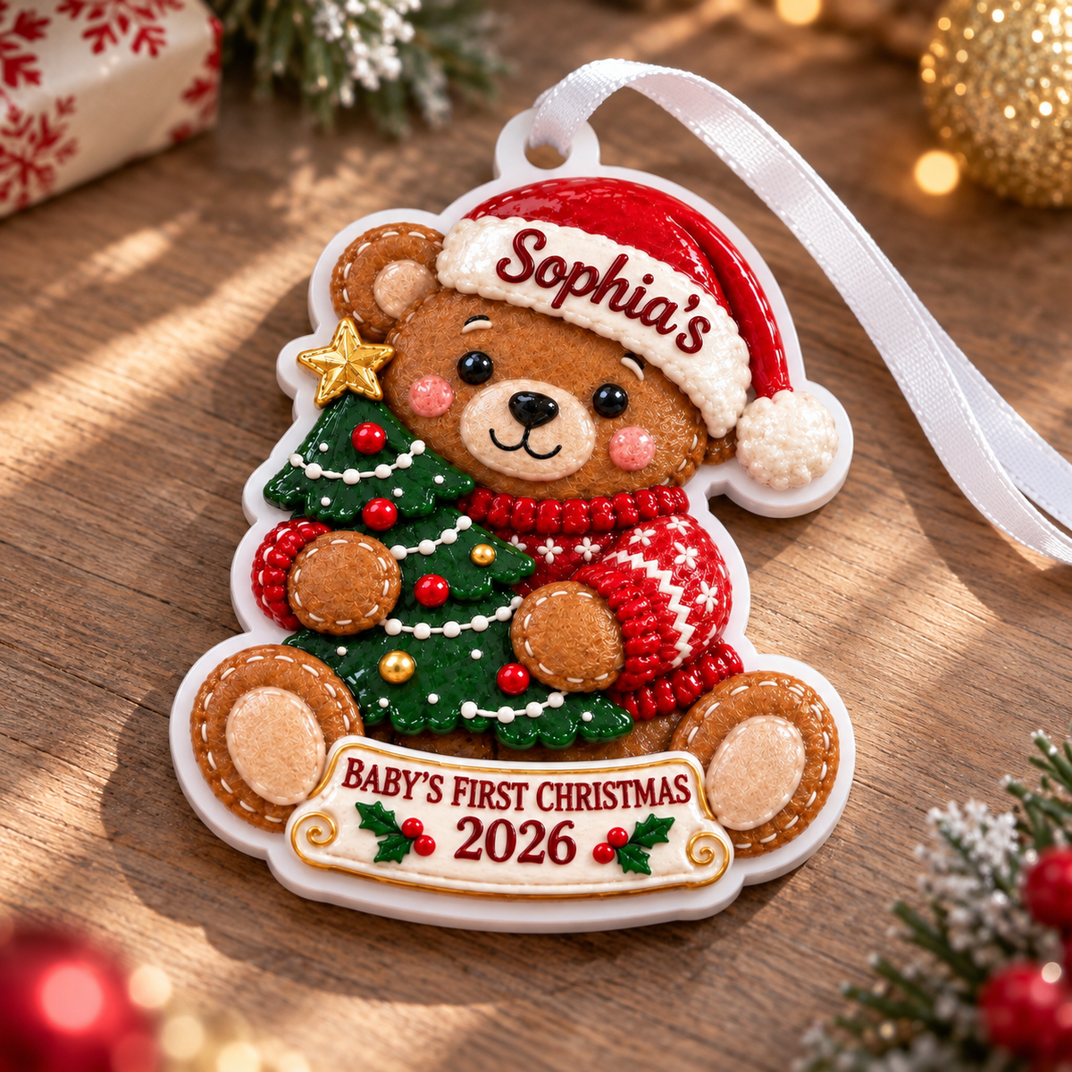 Baby's First Christmas Teddy Bear with Tree Hanging Holiday Keepsake - 3D Relief Ornament