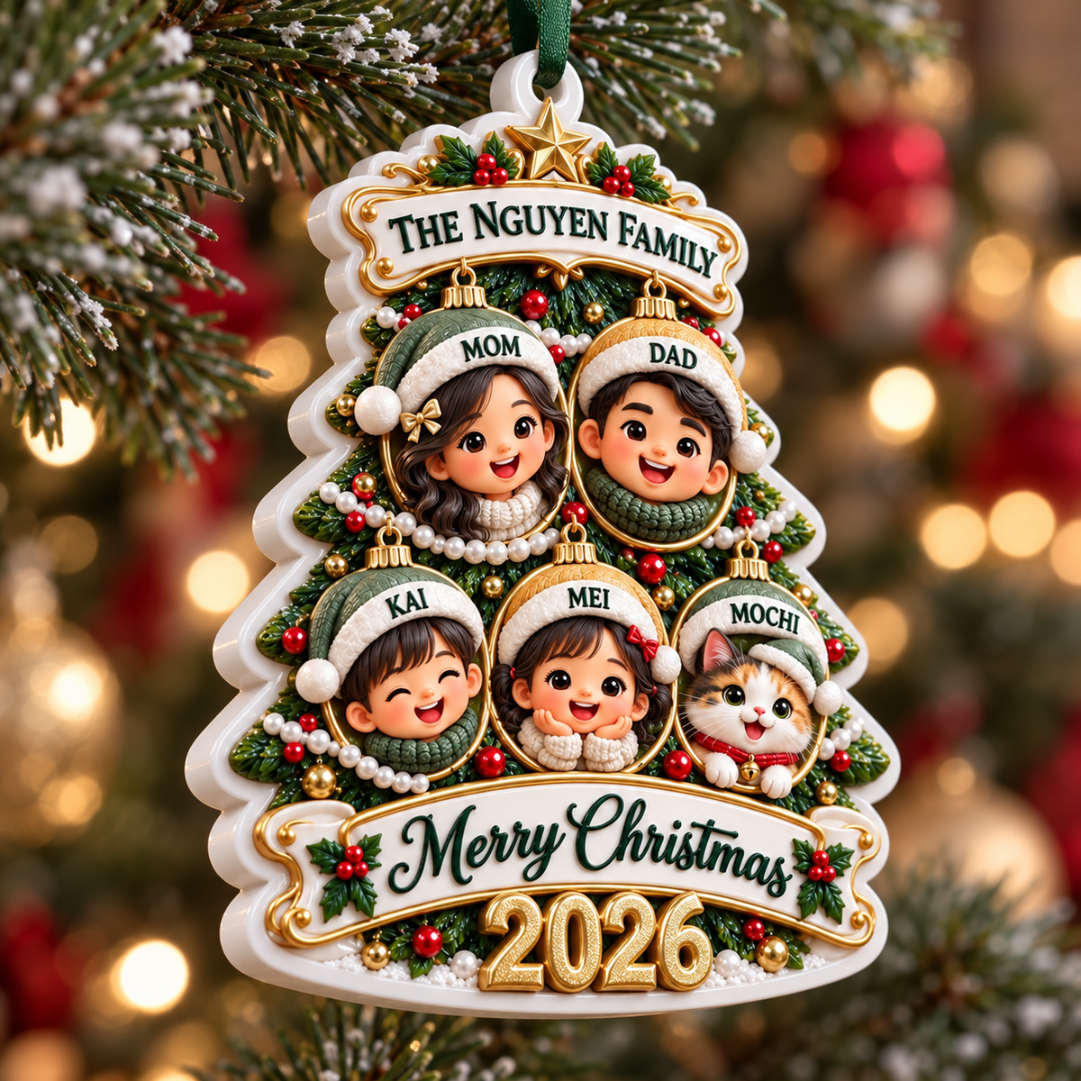 Christmas Tree Family of 5 with Pet Bauble Holiday Tree Hanging Keepsake - 3D Relief Ornament