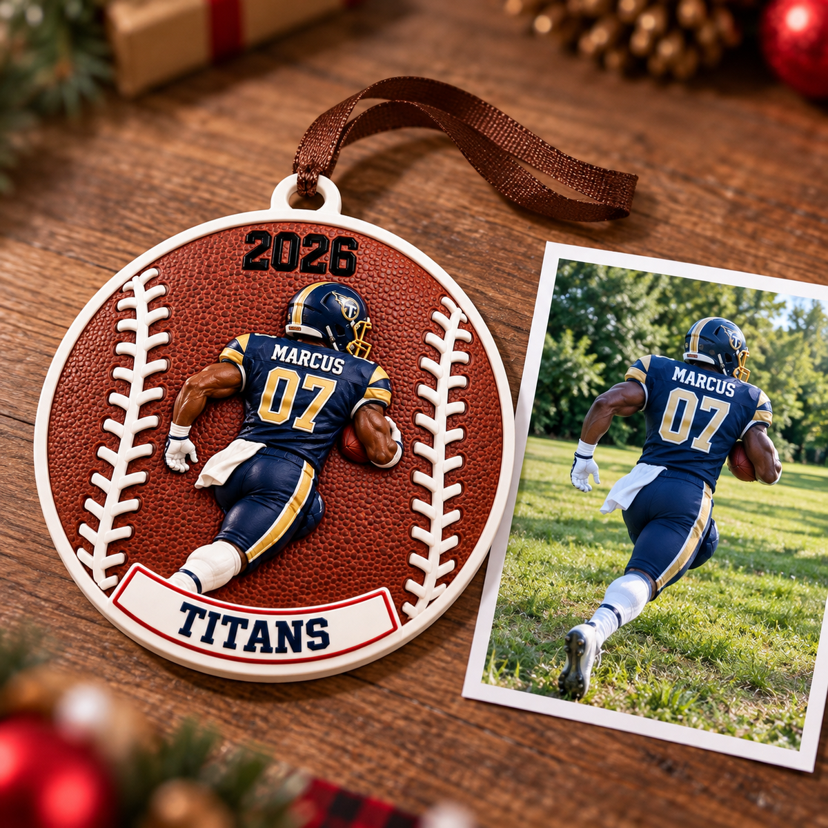 Football Running Back Round Medallion Holiday Tree Keepsake - 3D Relief Ornament