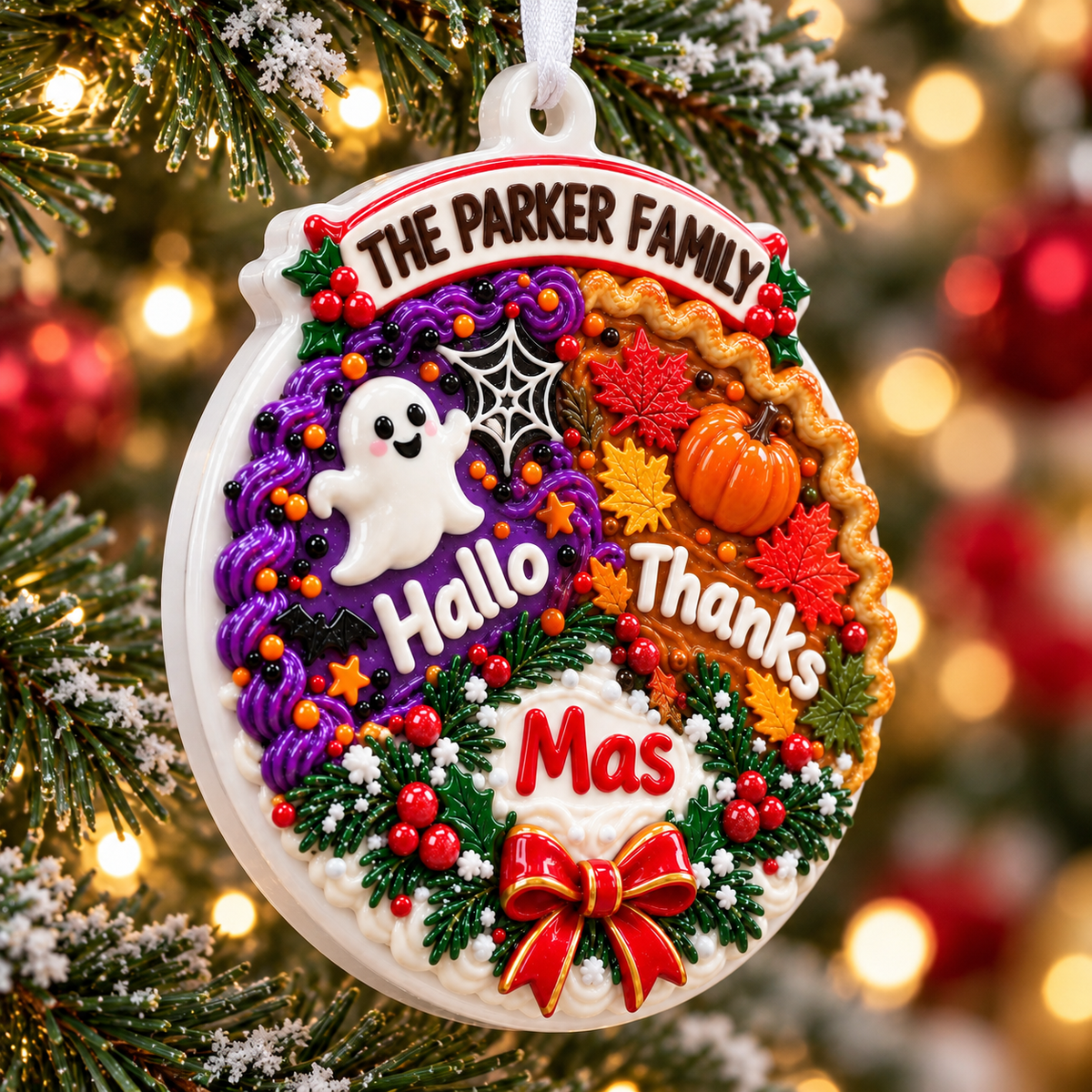Hallo Thanks Mas Holiday Trio Hanging Medallion with Autumn Leaves and Ghost - 3D Relief Ornament