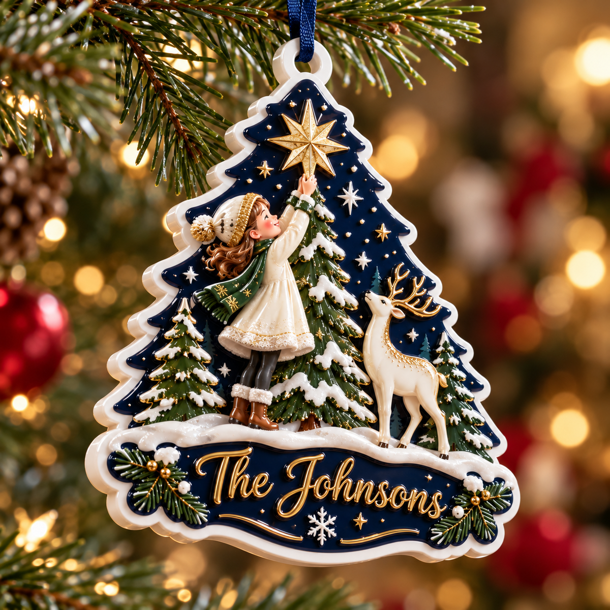 Winter Forest Girl and Deer Christmas Tree Plaque Holiday Keepsake - 3D Relief Ornament