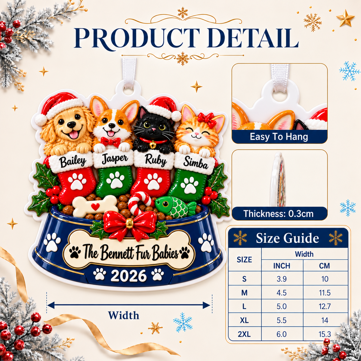 Christmas Pet Bowl with Four Dogs and Cats in Stockings Hanging Decor - 3D Relief Ornament