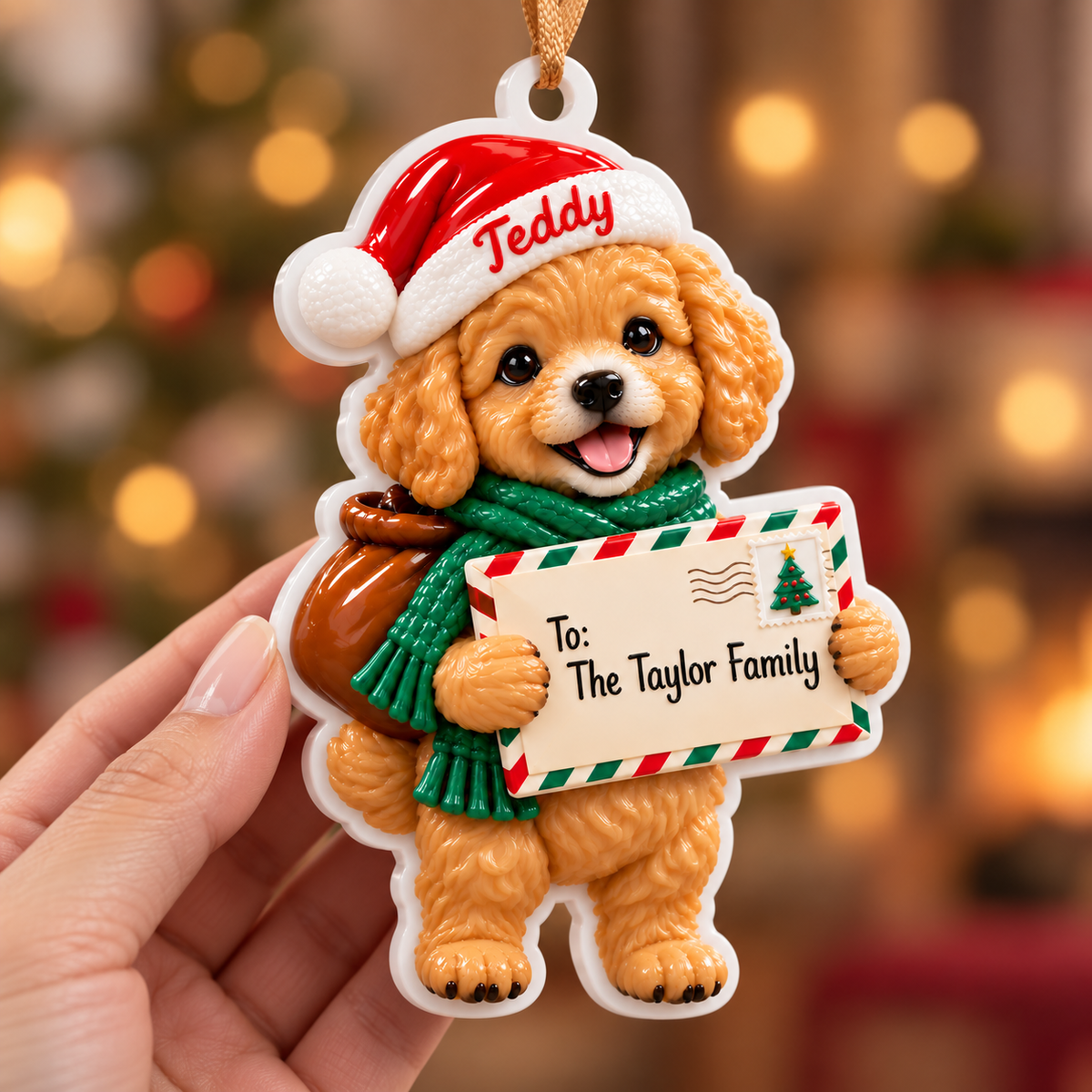 Christmas Puppy Holding Holiday Letter Hanging Tree Decor - 3D Relief Ornament