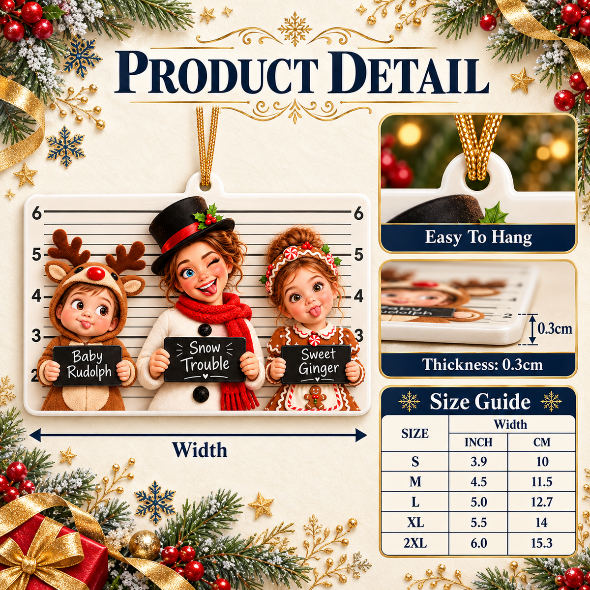 Christmas Mugshot Lineup Kids Costumes Rectangular Hanging Holiday Keepsake - 3D Relief Ornament