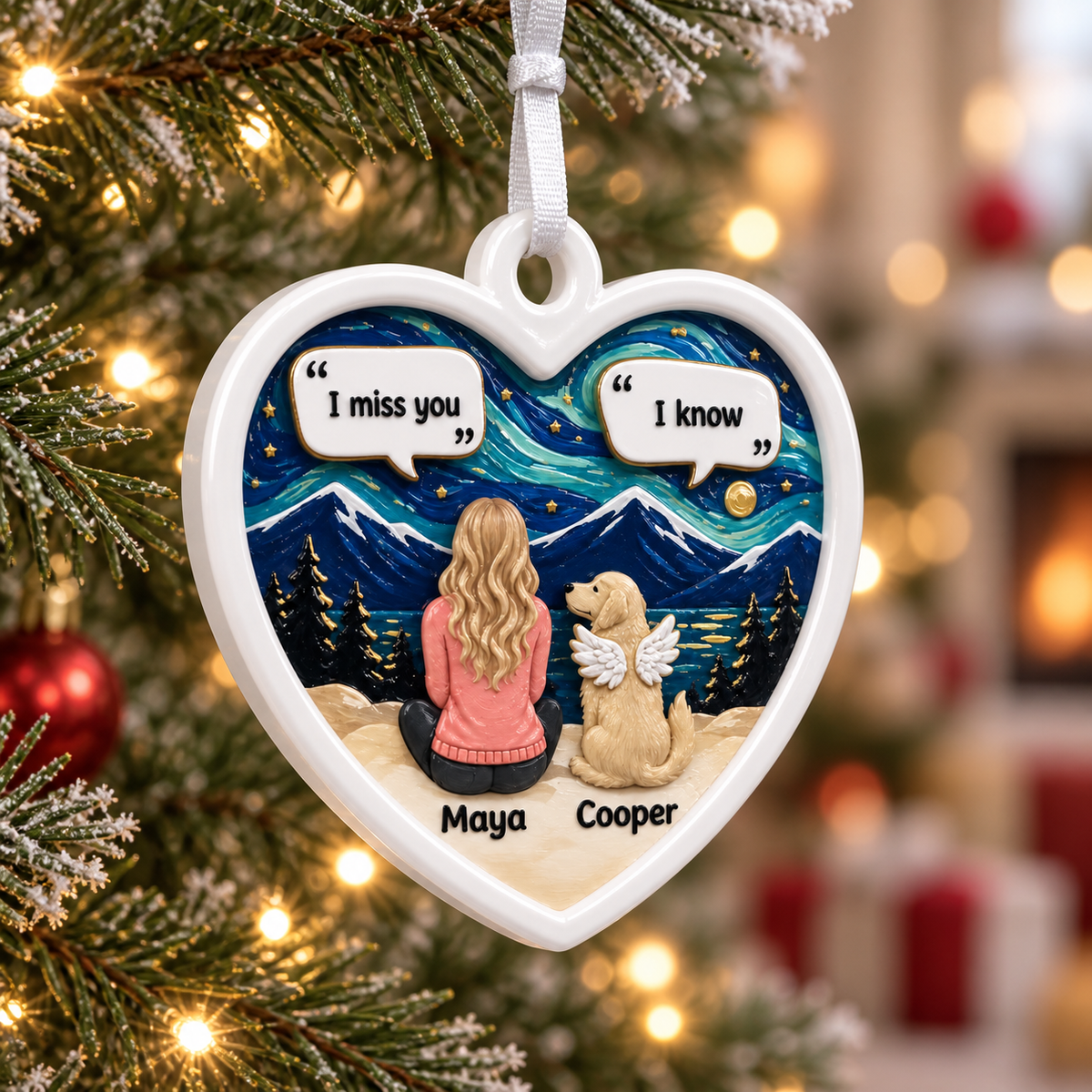 Dog Memorial Heart Keepsake Girl and Angel Pet Starry Mountain Nightscape - 3D Relief Ornament