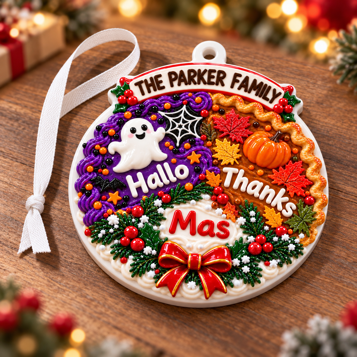 Hallo Thanks Mas Holiday Trio Hanging Medallion with Autumn Leaves and Ghost - 3D Relief Ornament