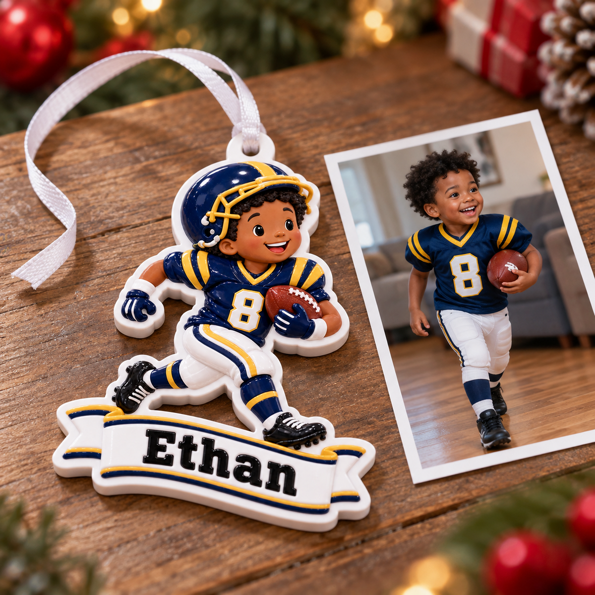 Youth Football Player Running with Ball Blue and Gold Sports - 3D Relief Ornament