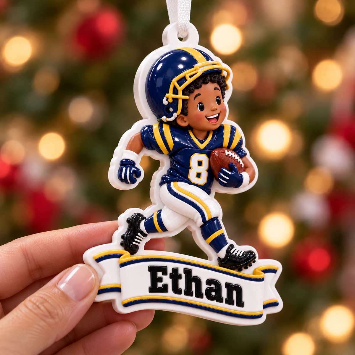 Youth Football Player Running with Ball Blue and Gold Sports - 3D Relief Ornament
