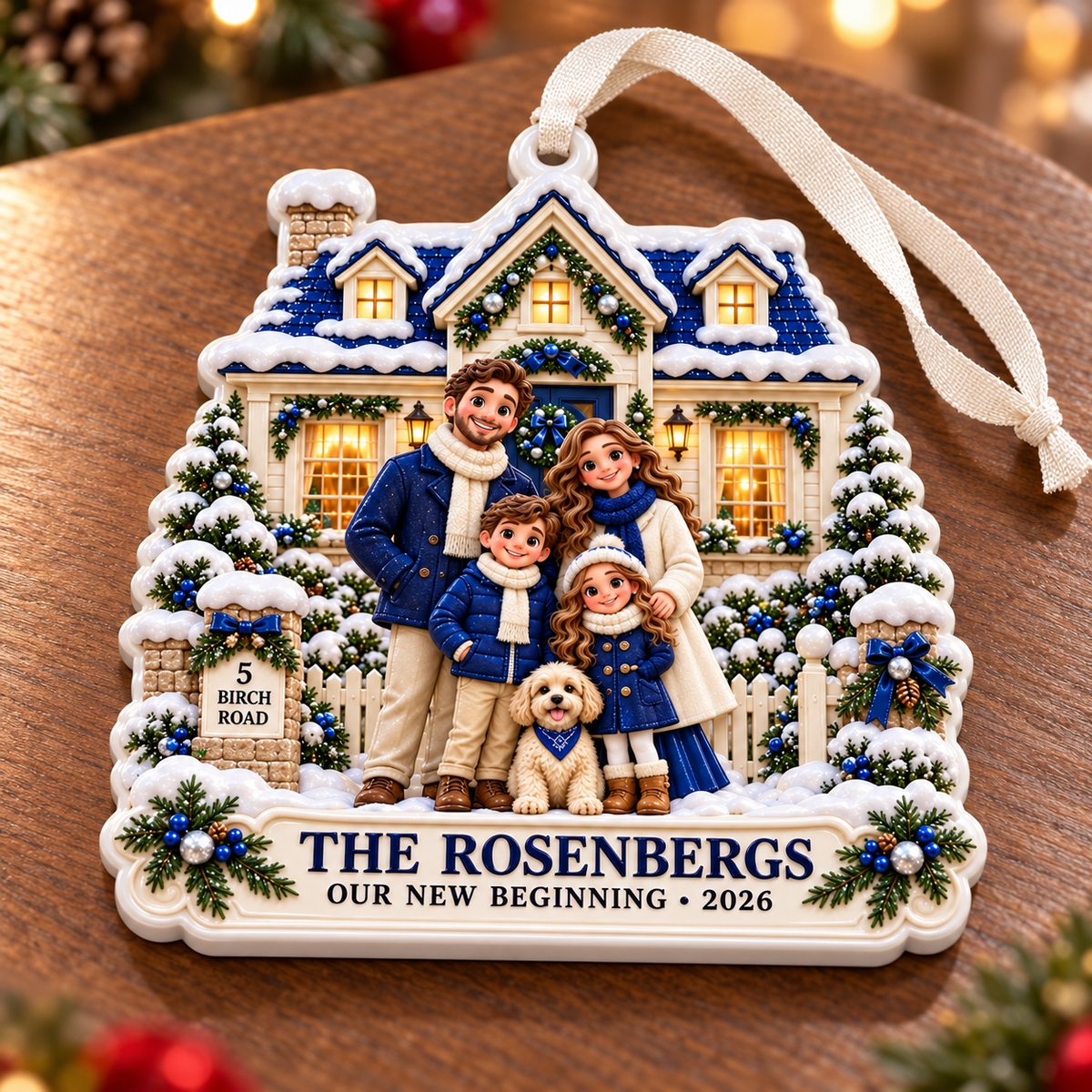 New Home Family with Dog and Snowy House Winter Keepsake - 3D Relief Ornament