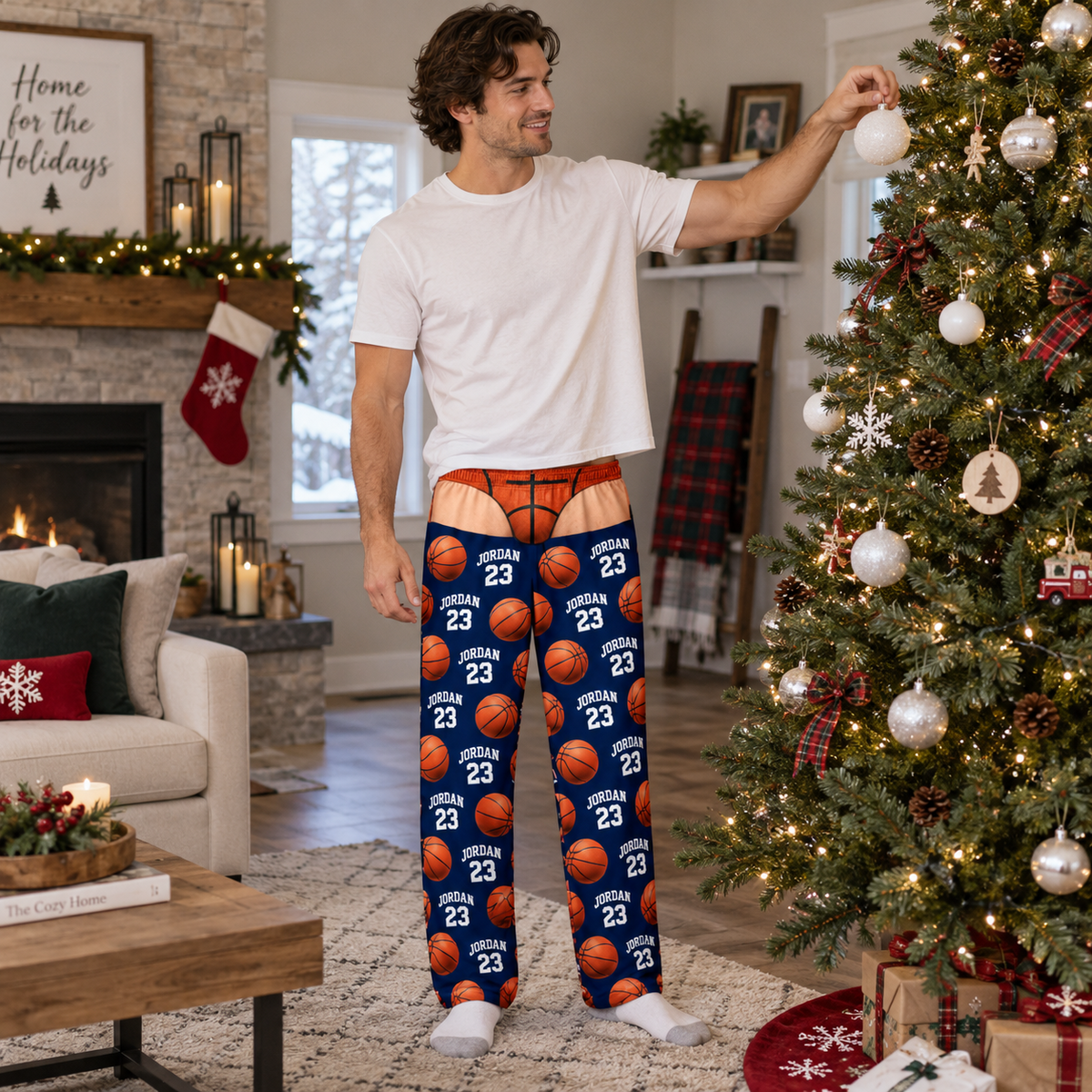 Novelty Pajama Pants Sports Ball Graphic Print Blue Loungewear