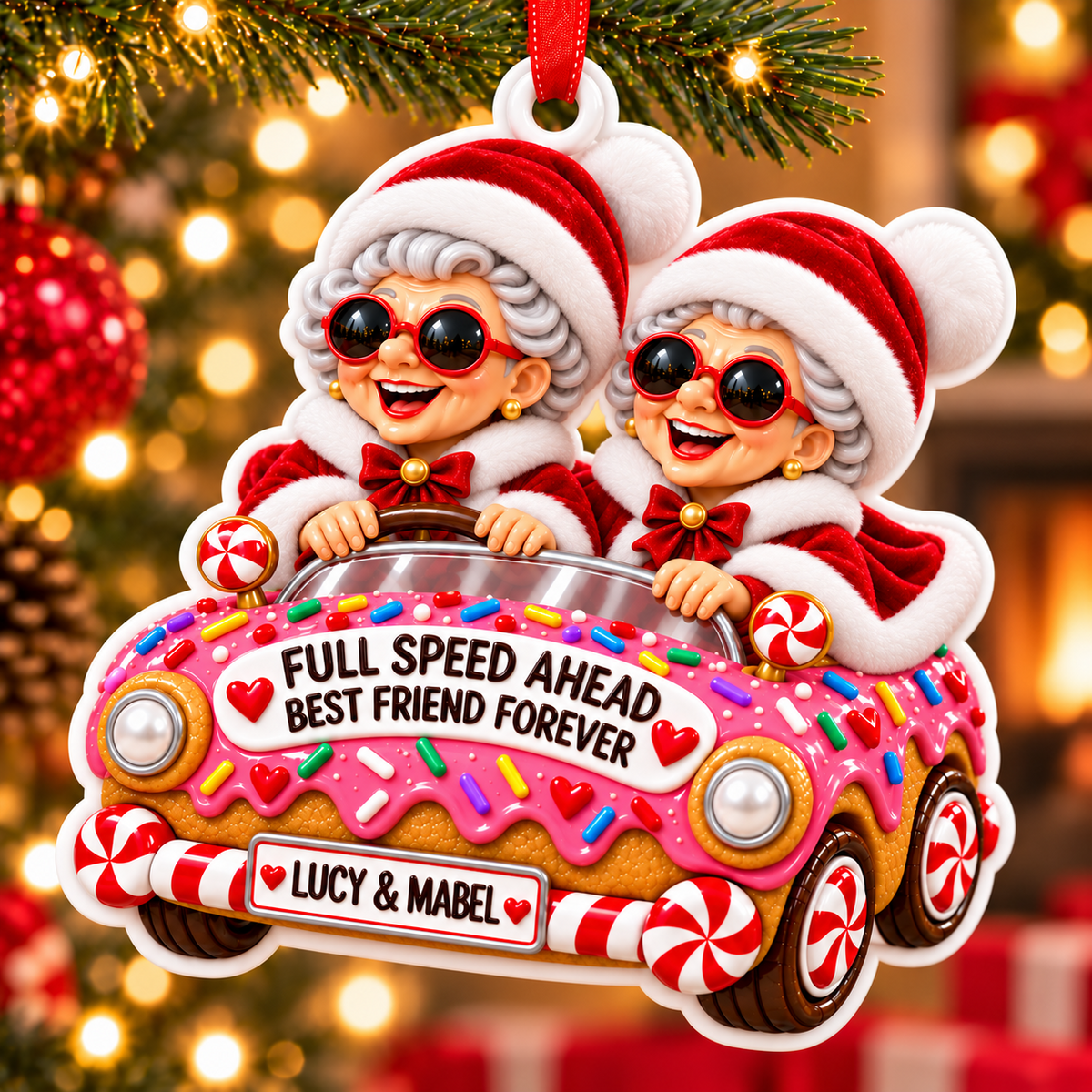 Old Ladies In Gingerbread Car Christmas Tree Hanging Decor - 3D Relief Ornament