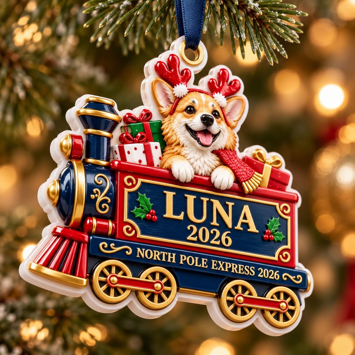 Corgi Dog North Pole Express Train Christmas Holiday Keepsake - 3D Relief Ornament