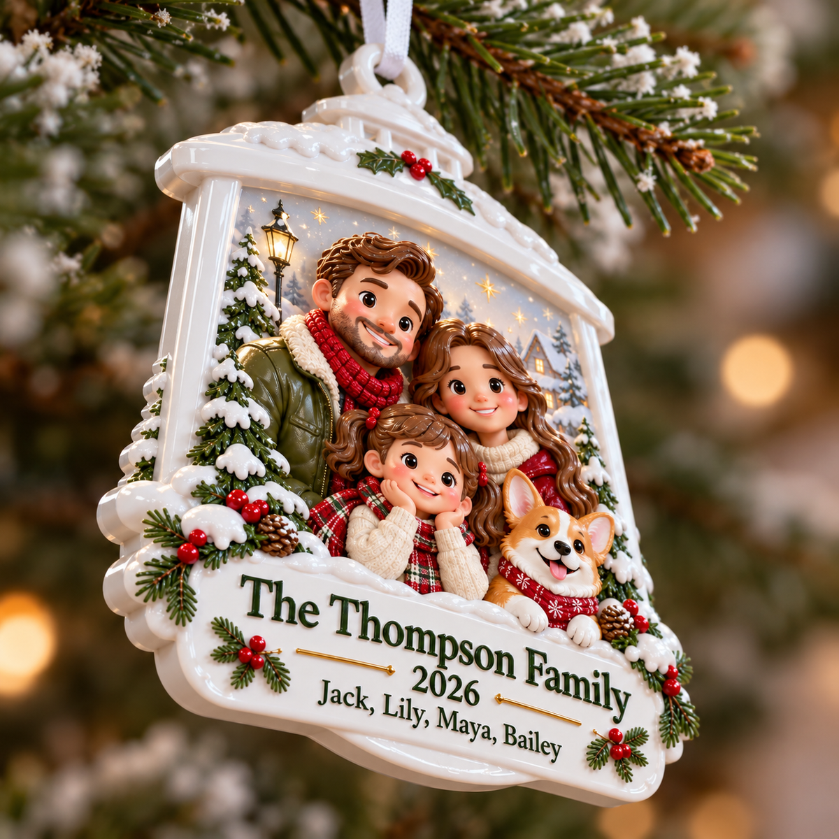 Winter Lantern Family and Dog Hanging Holiday Keepsake - 3D Relief Ornament