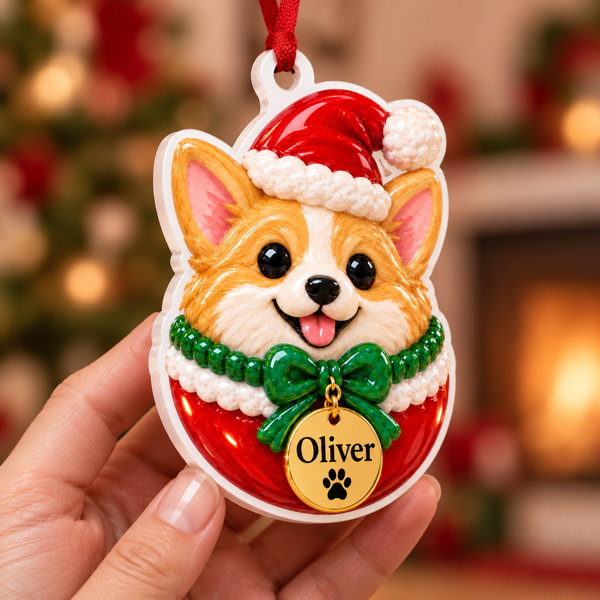 Corgi Dog in Santa Hat Christmas Tree Bauble Hanging Acrylic Keepsake - 3D Relief Ornament