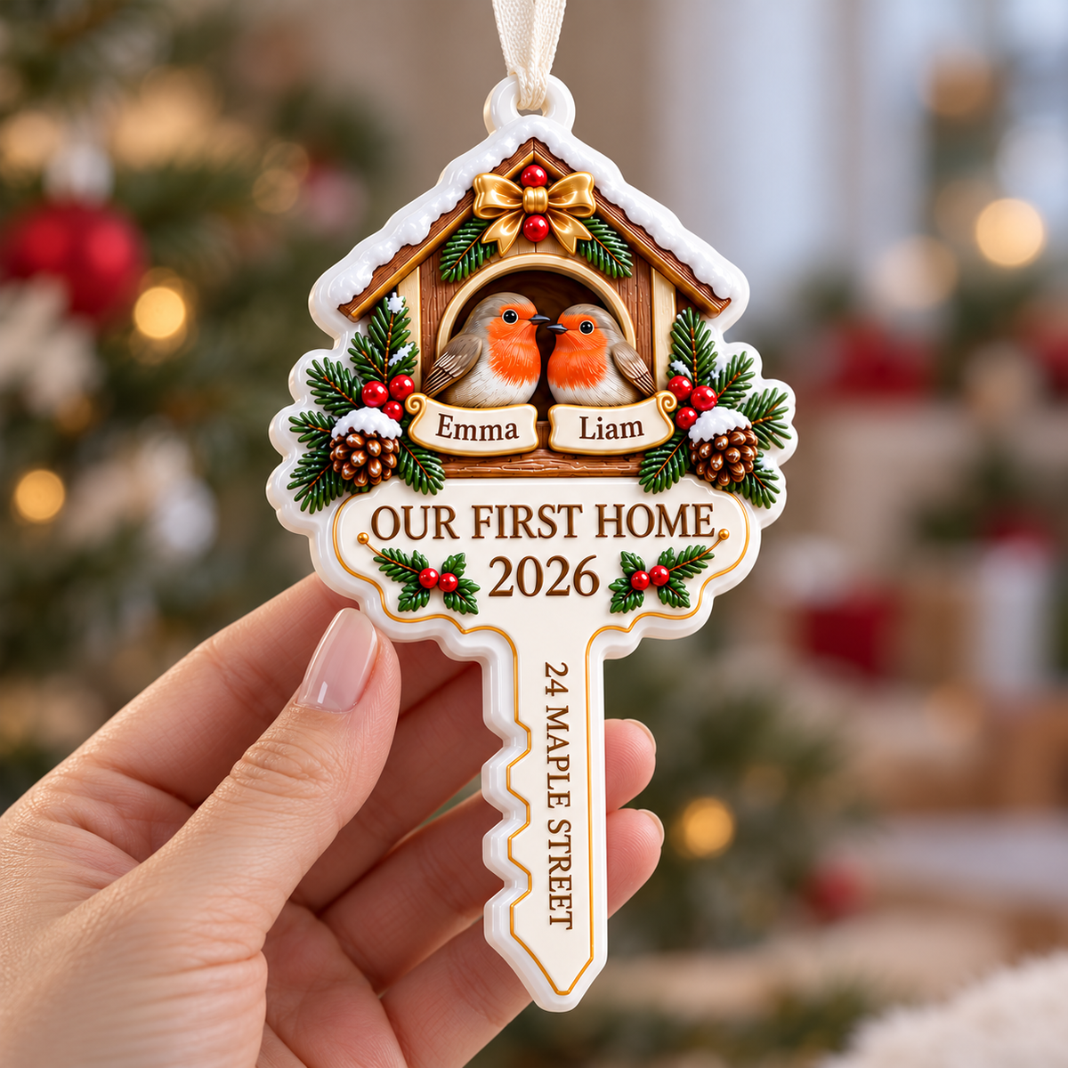House Key First Home Robin Birds Nest Holiday Tree Keepsake - 3D Relief Ornament