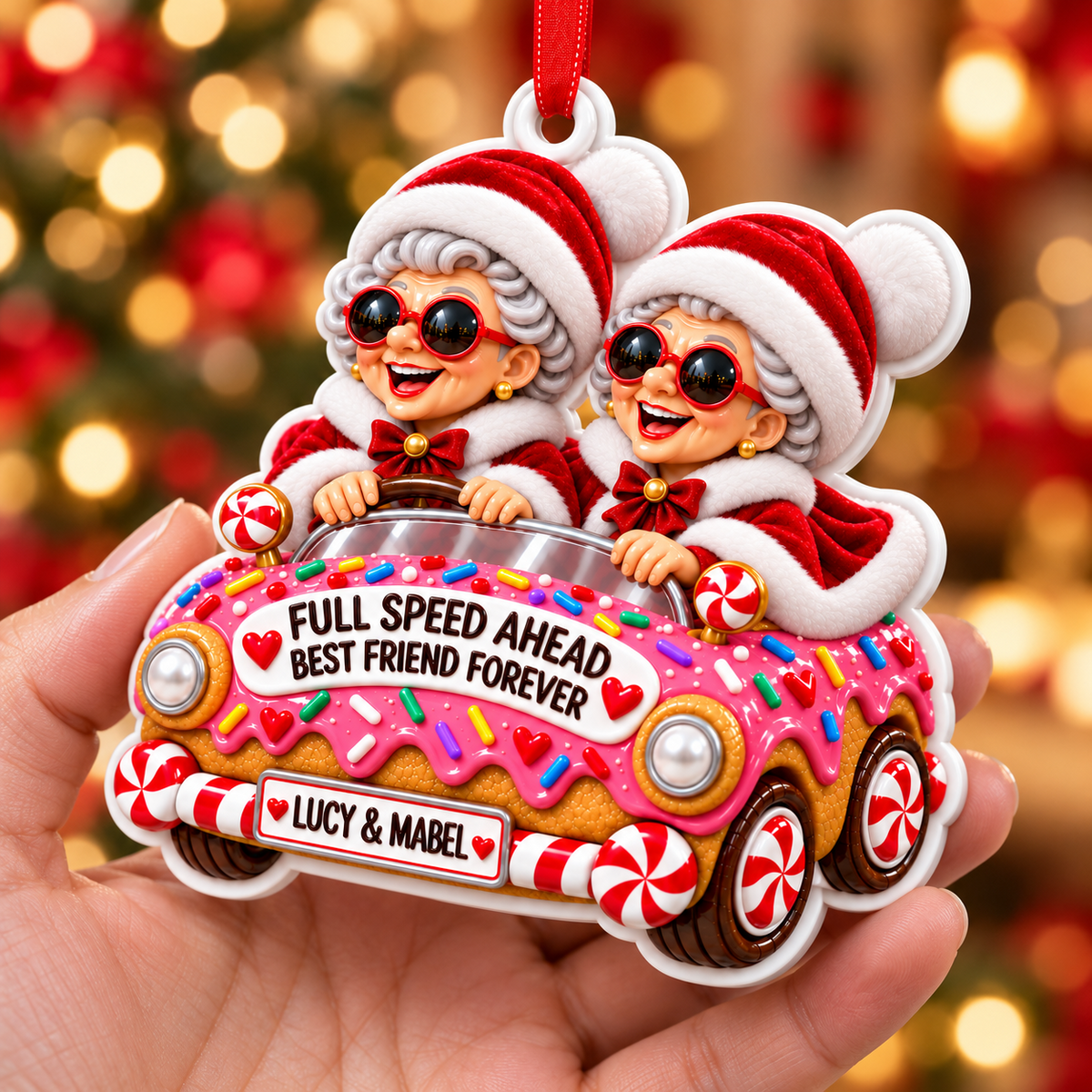 Old Ladies In Gingerbread Car Christmas Tree Hanging Decor - 3D Relief Ornament