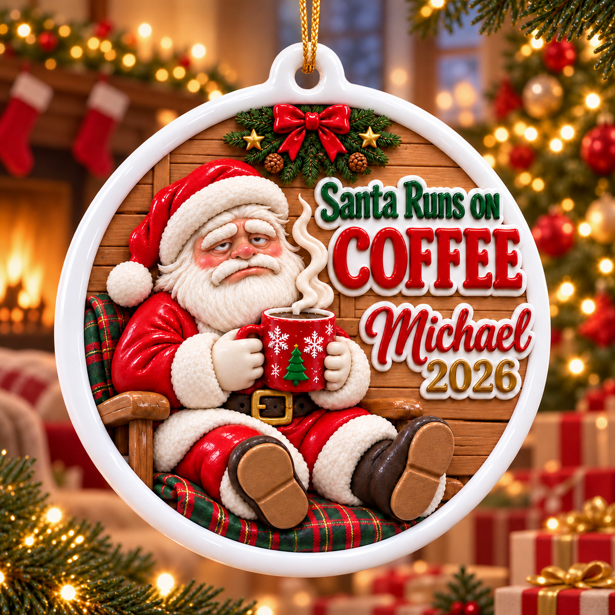 Santa Runs On Coffee Tired Holiday Medallion Hanging Keepsake - 3D Relief Ornament