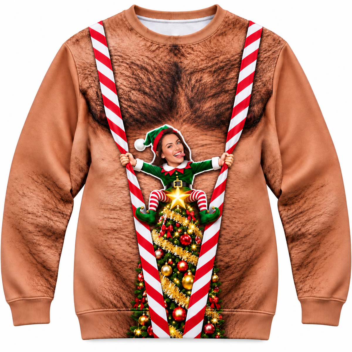 Funny Christmas Sweatshirt, Hairy Chest Elf Graphic Holiday Pullover