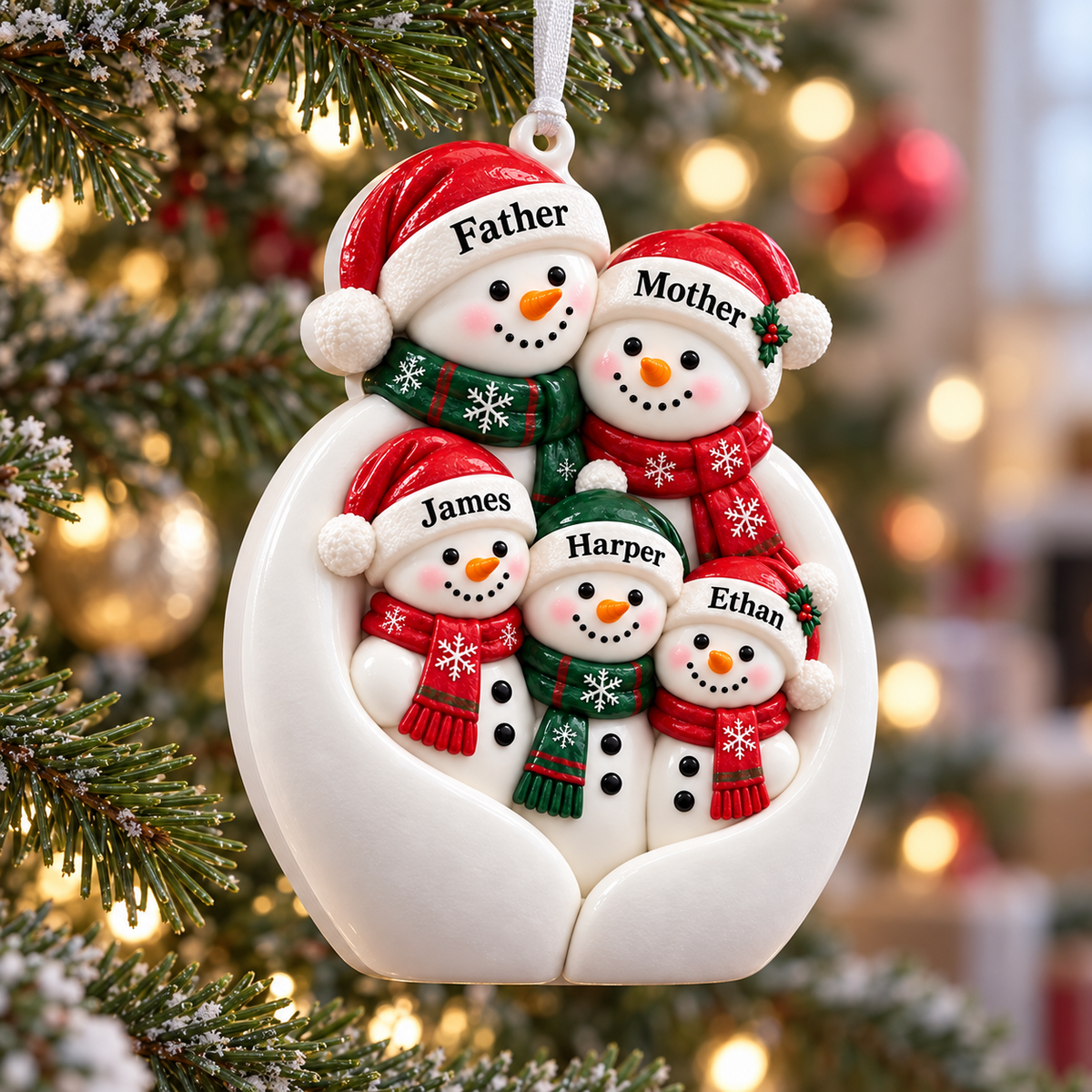 Snowman Family of 5 Hanging Holiday Tree Decoration - 3D Relief Ornament