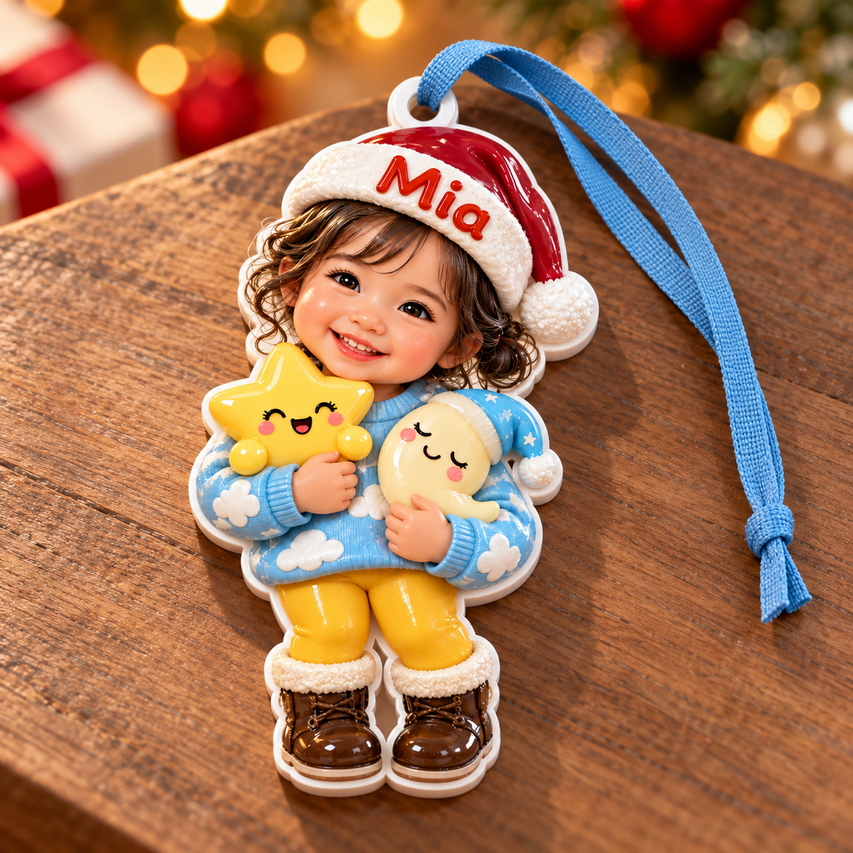 Baby Girl in Santa Hat with Star and Moon Acrylic Holiday Keepsake - 3D Relief Ornament