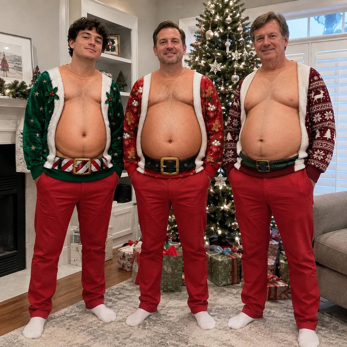 Funny Ugly Christmas Sweatshirt Fake Bare Chest Belly Graphic Crewneck