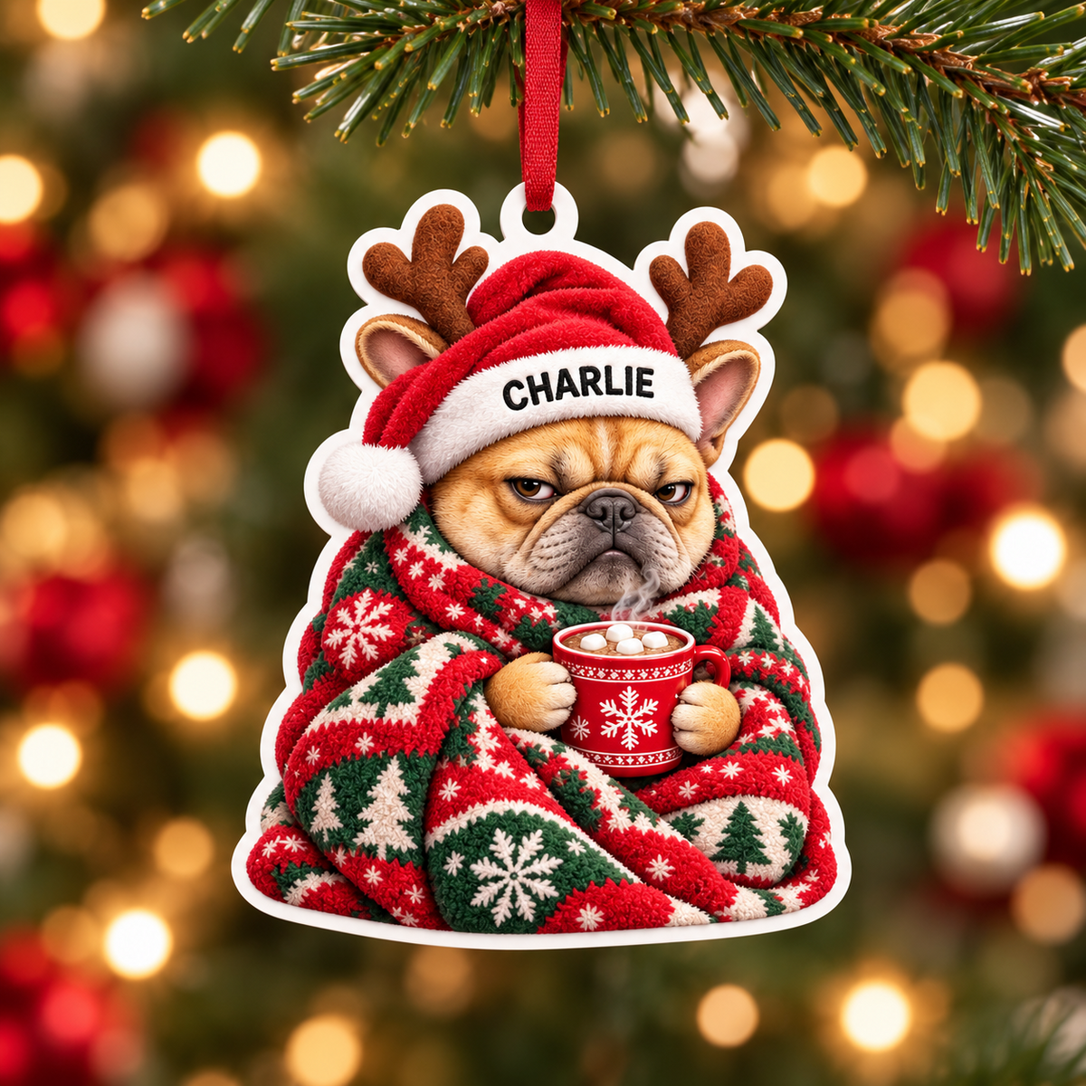 Grumpy French Bulldog in Christmas Blanket Acrylic Holiday Tree Decor - 3D Relief Ornament