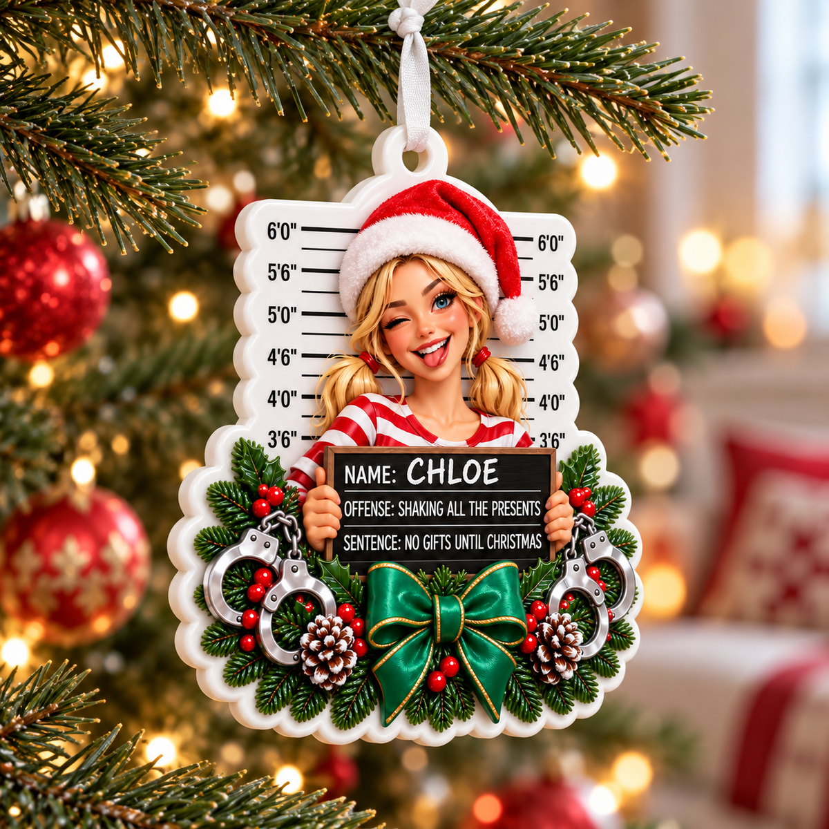 Funny Christmas Mugshot Blonde Girl Holiday Tree Decoration - 3D Relief Ornament