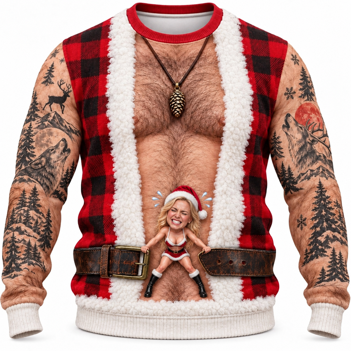 Funny Christmas Sweatshirt Hairy Chest Plaid Vest Tattoo Graphic