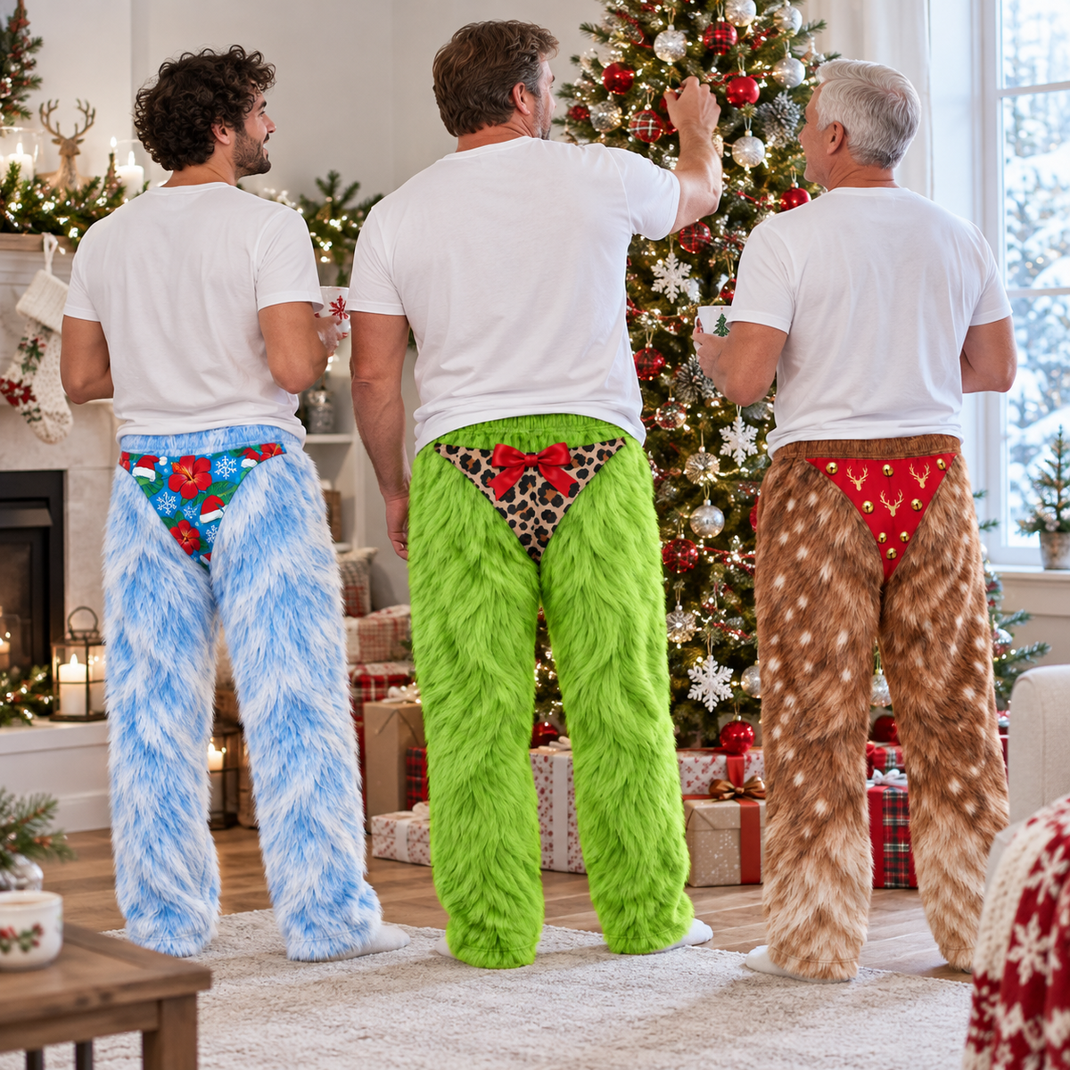 Mens Novelty Christmas Pajama Pants Faux Fur Print Holiday Loungewear