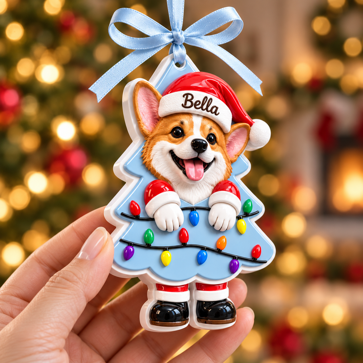 Pembroke Welsh Corgi Dog in Santa Hat Christmas Tree Holiday Hanging Decor - 3D Relief Ornament