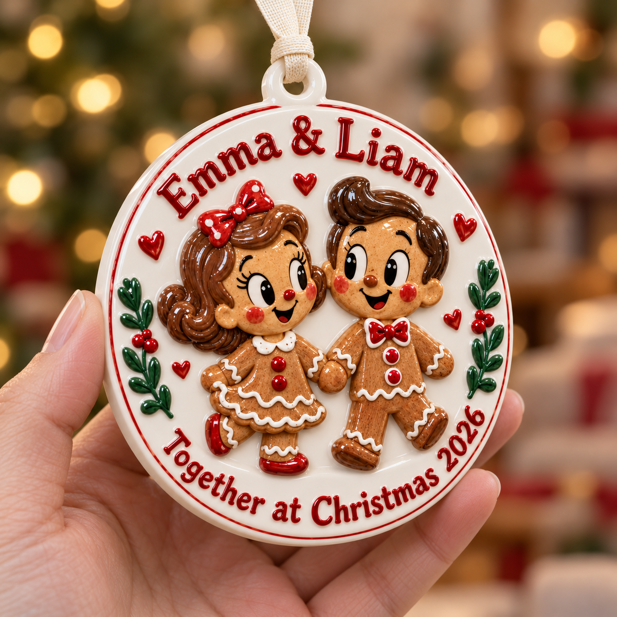 Gingerbread Couple Round Ceramic Christmas Keepsake Medallion - 3D Relief Ornament