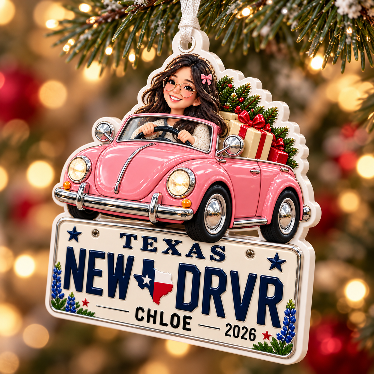 Pink Vintage Car Texas License Plate Holiday Keepsake - 3D Relief Ornament