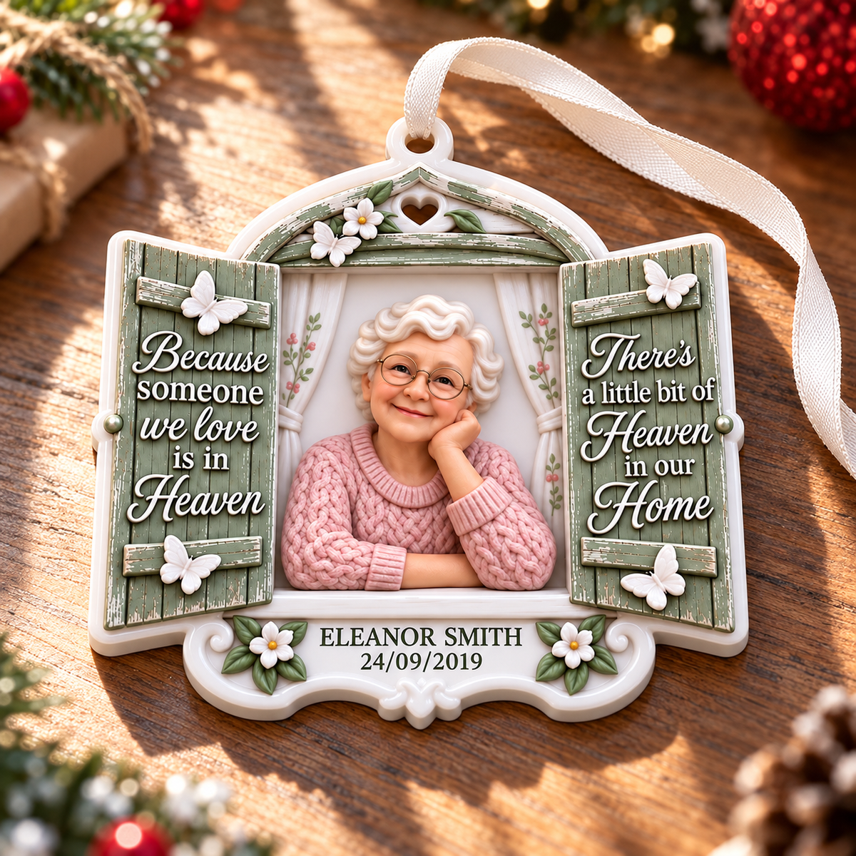Memorial Window Shutter Keepsake with Floral and Butterfly Details - 3D Relief Ornament
