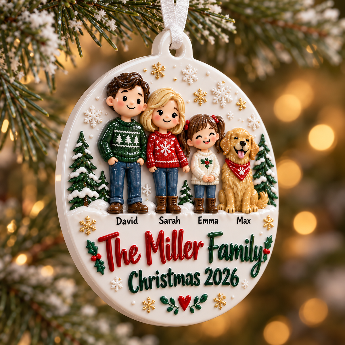Family of Three with Dog Ceramic Round Holiday Keepsake - 3D Relief Ornament