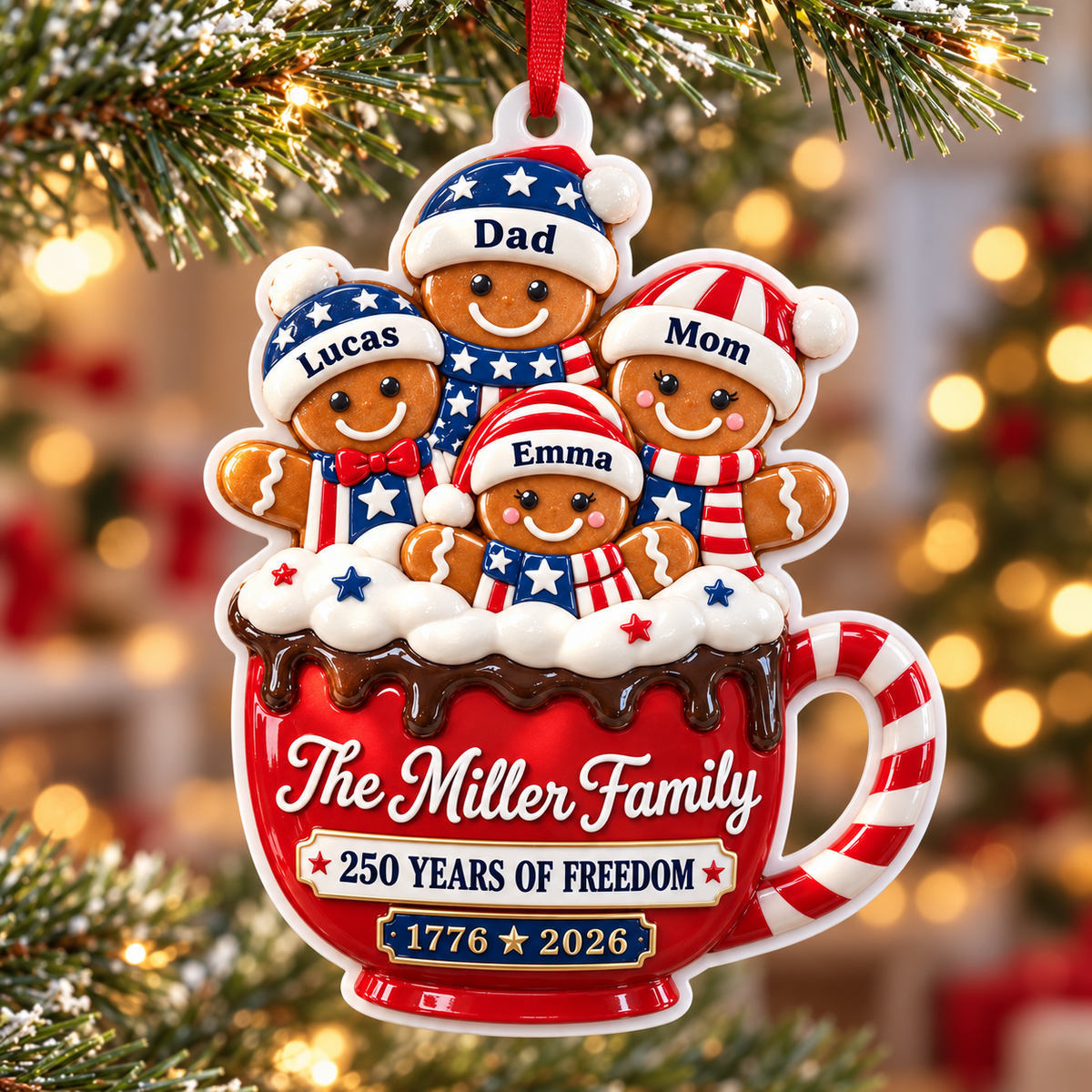 Patriotic Hot Cocoa Mug 250 Years of Freedom Holiday Tree Hanging Decor - 3D Relief Ornament