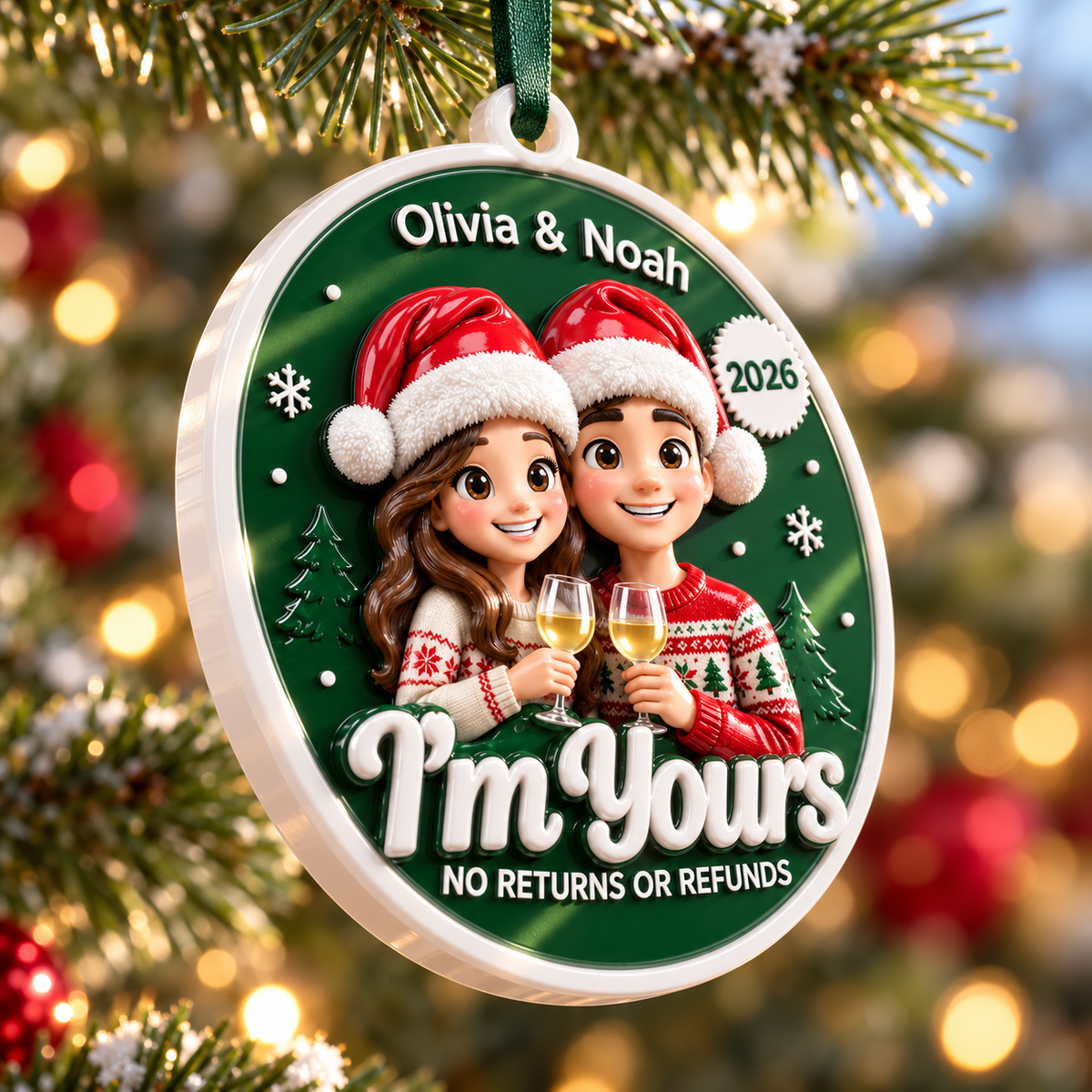 Couple Christmas Tree Hanging Disc, Im Yours Wine Toast Holiday Keepsake - 3D Relief Ornament