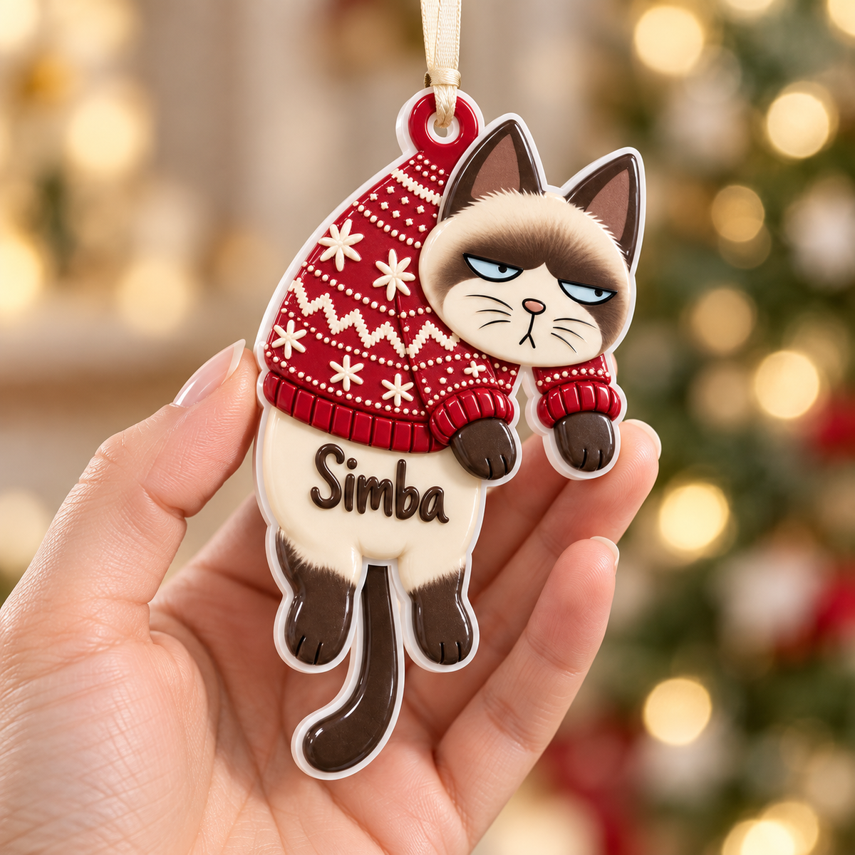 Dangling Seal Point Siamese Cat in Red Snowflake Winter Sweater - 3D Relief Ornament