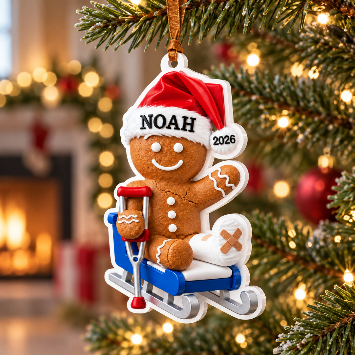 Gingerbread Man with Leg Cast and Crutch on Sled Holiday Keepsake - 3D Relief Ornament