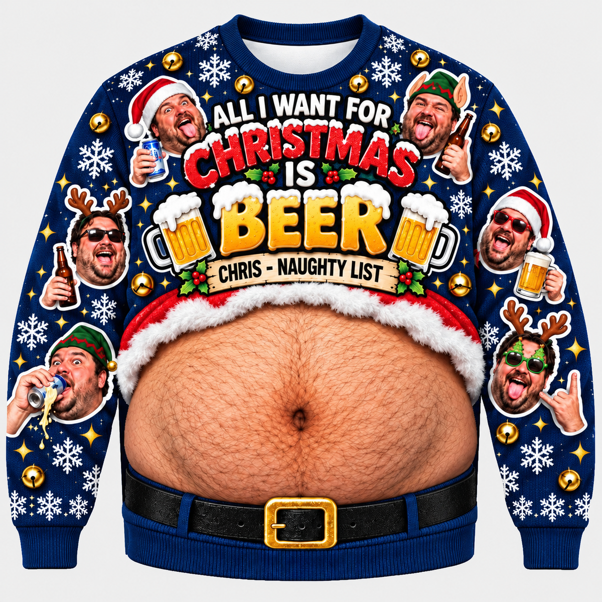 Beer Belly Christmas Sweatshirt Novelty Fake Hairy Stomach Pullover