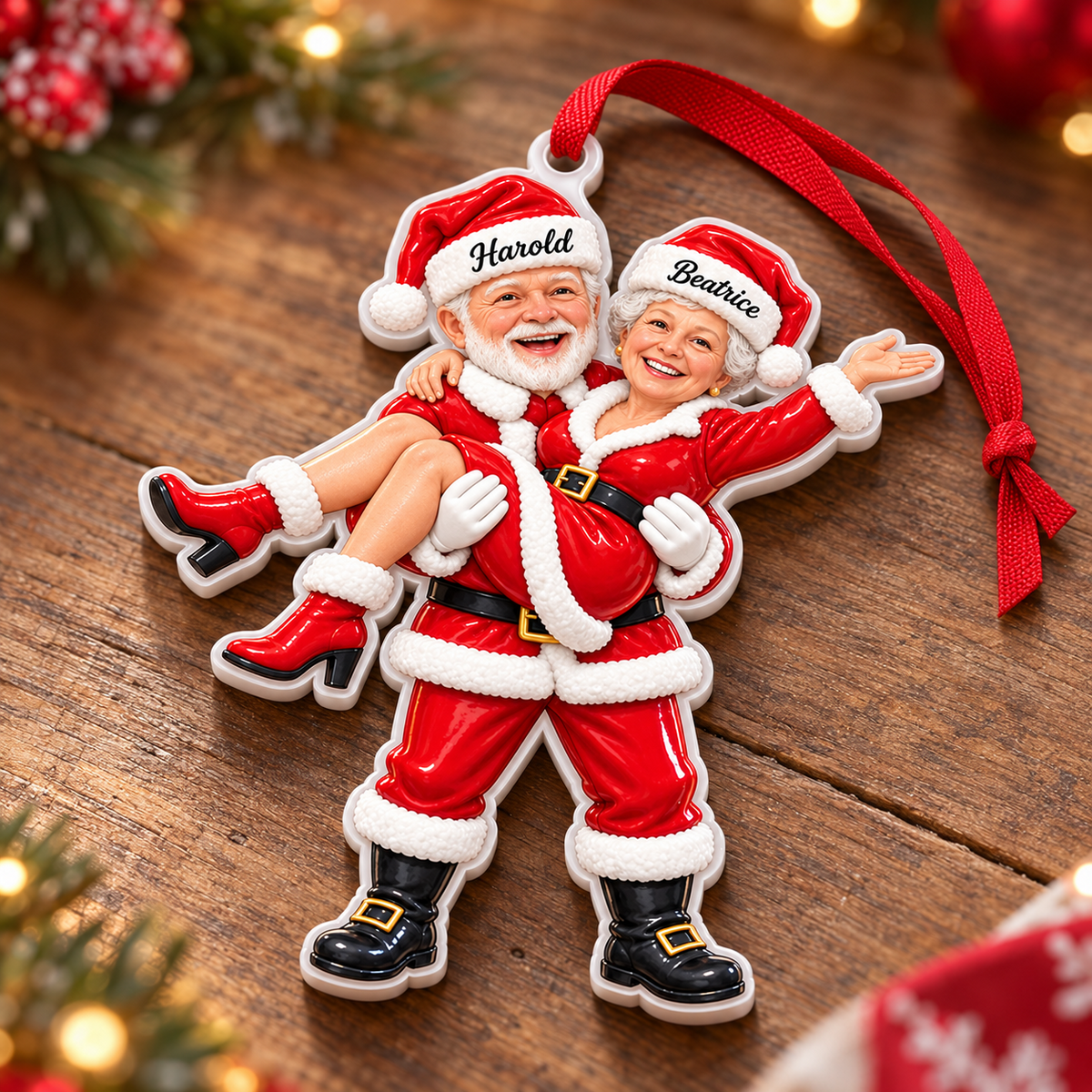 Santa and Mrs Claus Couple Holiday Tree Hanging Figurine in Red - 3D Relief Ornament