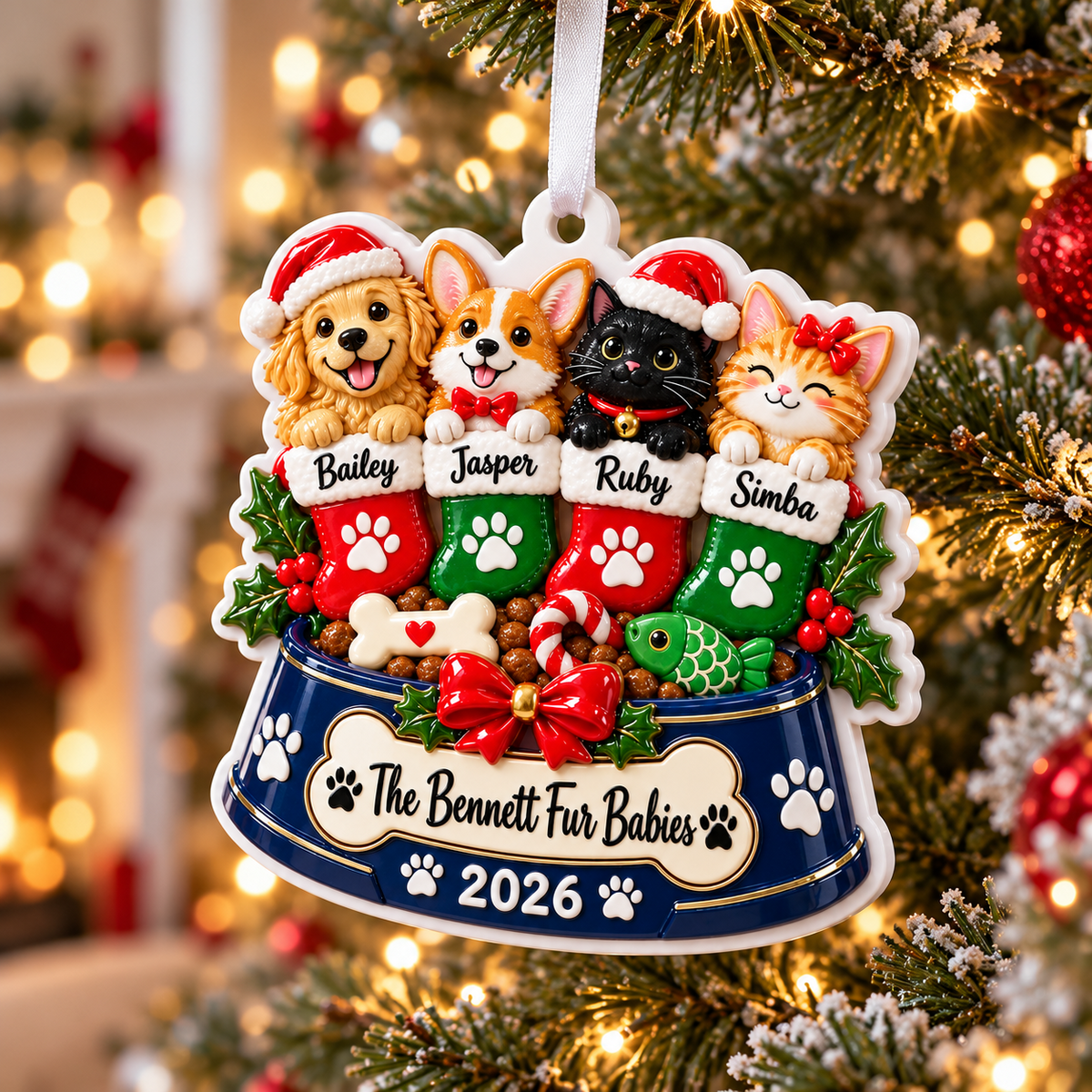 Christmas Pet Bowl with Four Dogs and Cats in Stockings Hanging Decor - 3D Relief Ornament
