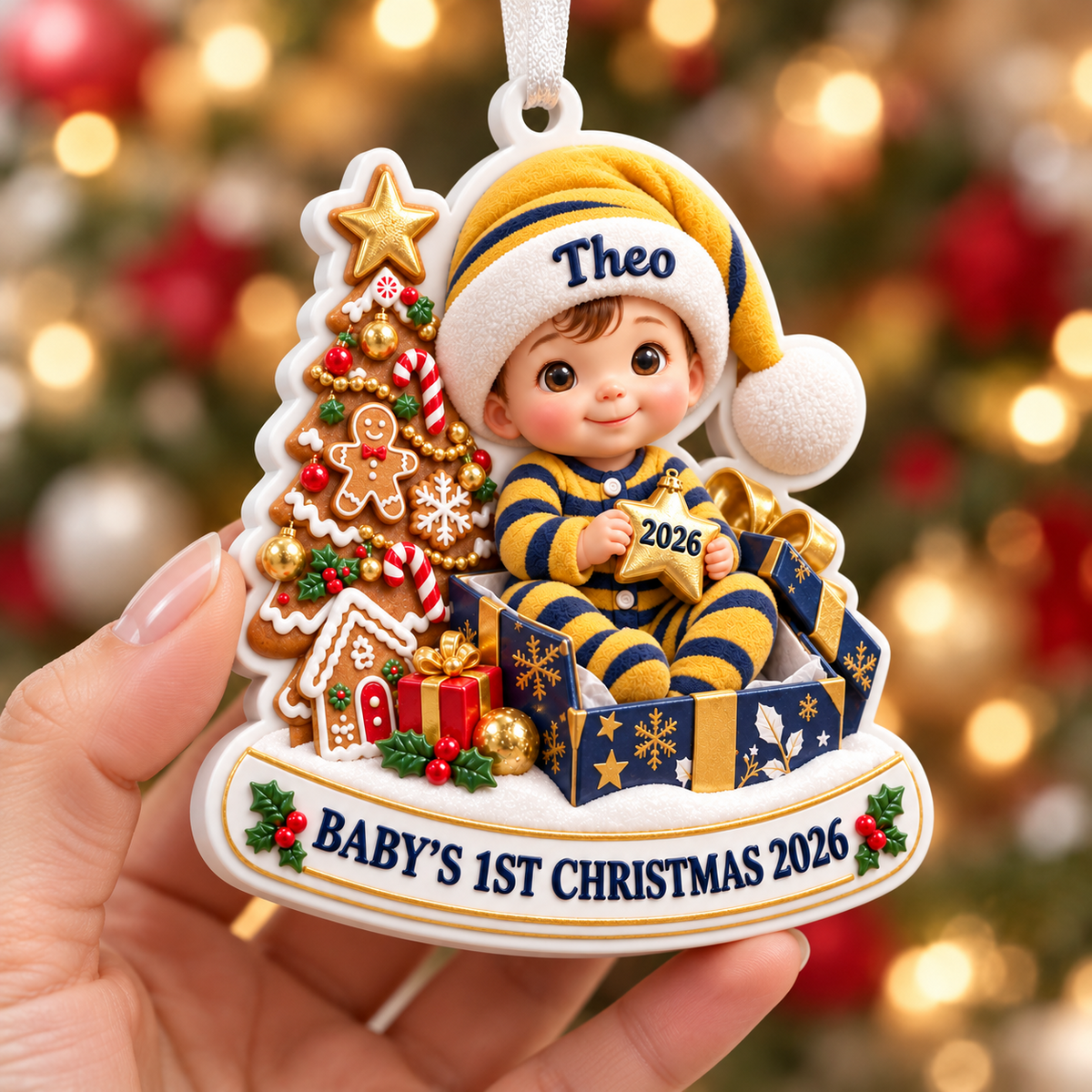 Baby's First Christmas Keepsake with Tree and Gingerbread Scene - 3D Relief Ornament
