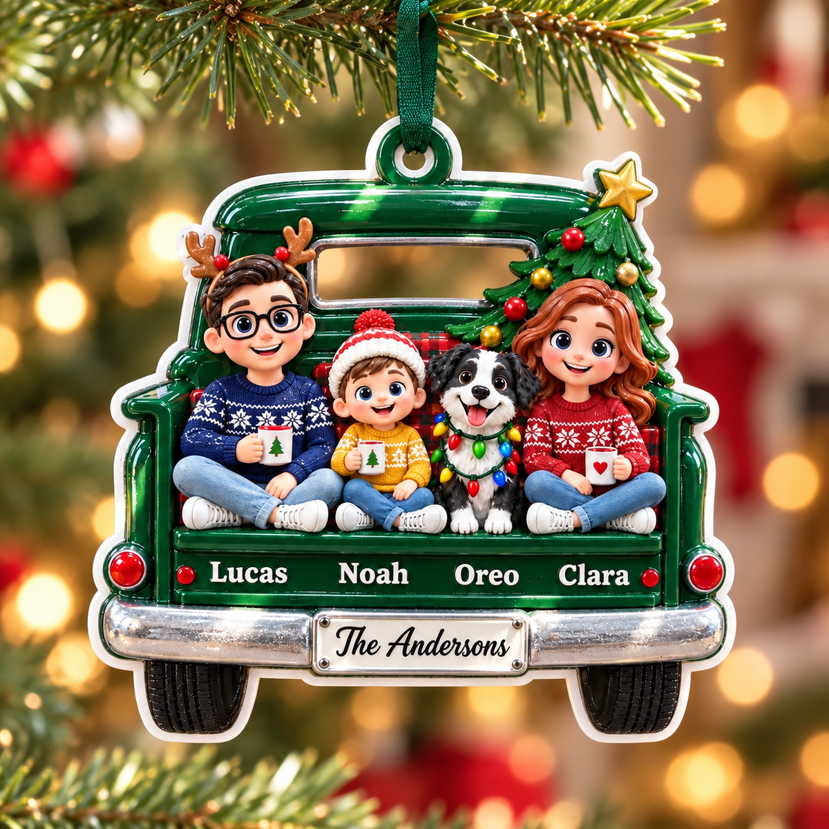 Family and Dog Sitting in Green Vintage Pickup Truck Christmas Decor - 3D Relief Ornament