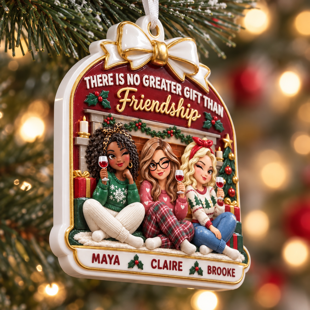 Christmas Tree Hanging Plaque with Friends Wine Fireplace Scene - 3D Relief Ornament